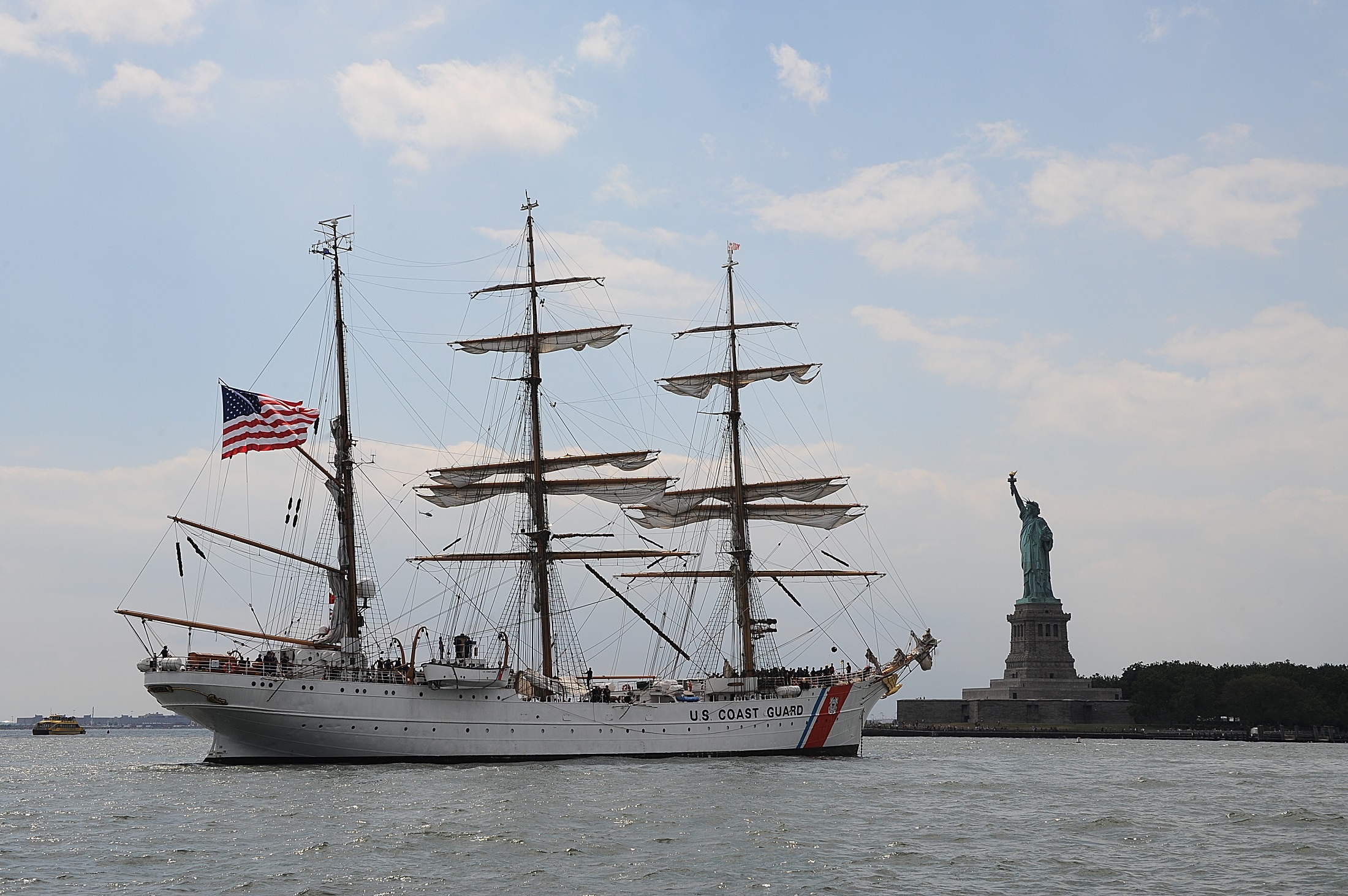 no people, three masted, cutter, sailing, outdoors, the past, mode of transportation, deck, nautical vessel, sailboat, 1080P, patriotism, barque, new york, HD Wallpaper