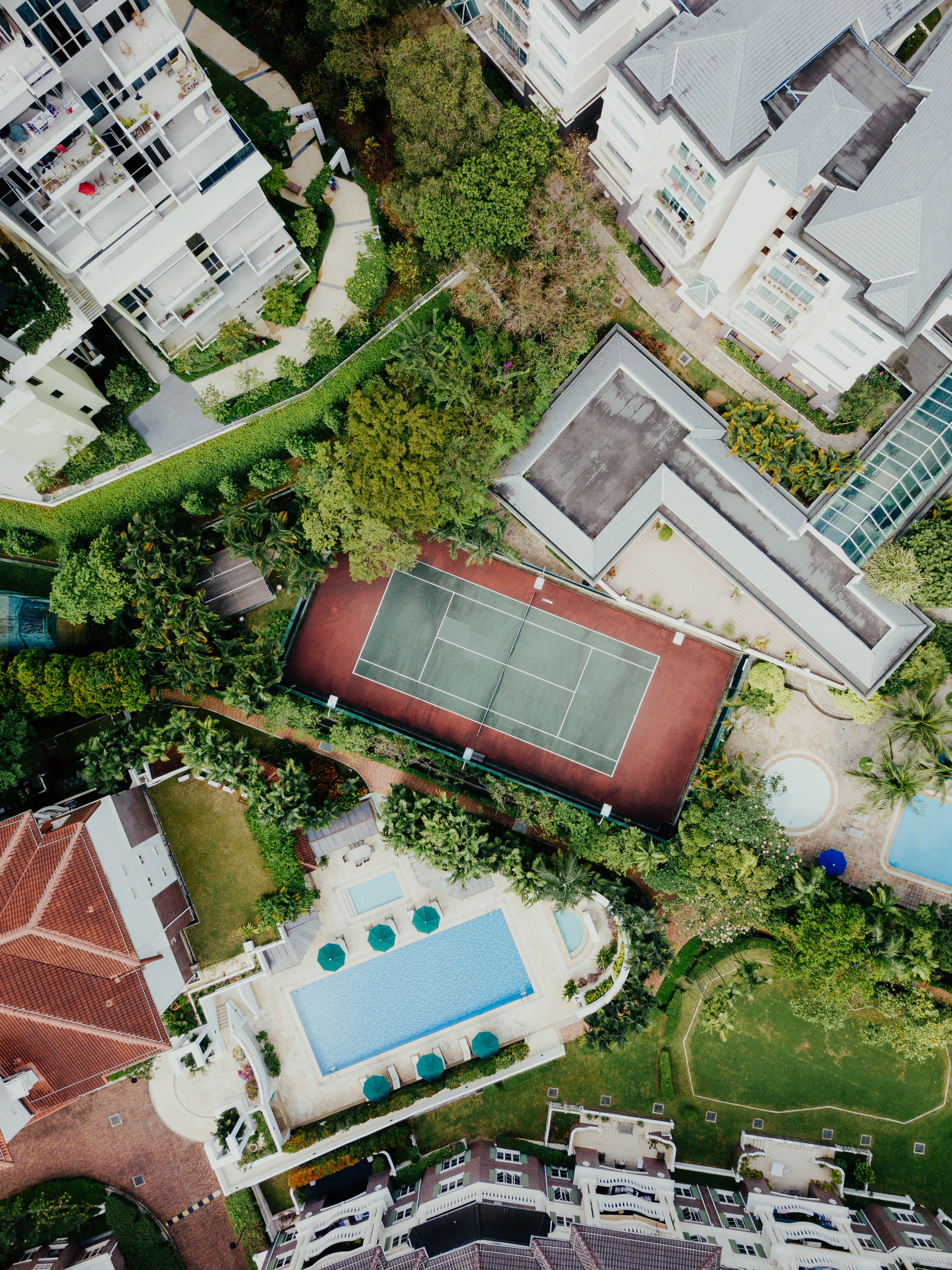 street, aerial, buildings, 4K, day, drone view, plant, city, high angle view, architecture, nature, greenery, pool, built structure, car, housing, mode of transportation, Phone HD Wallpaper