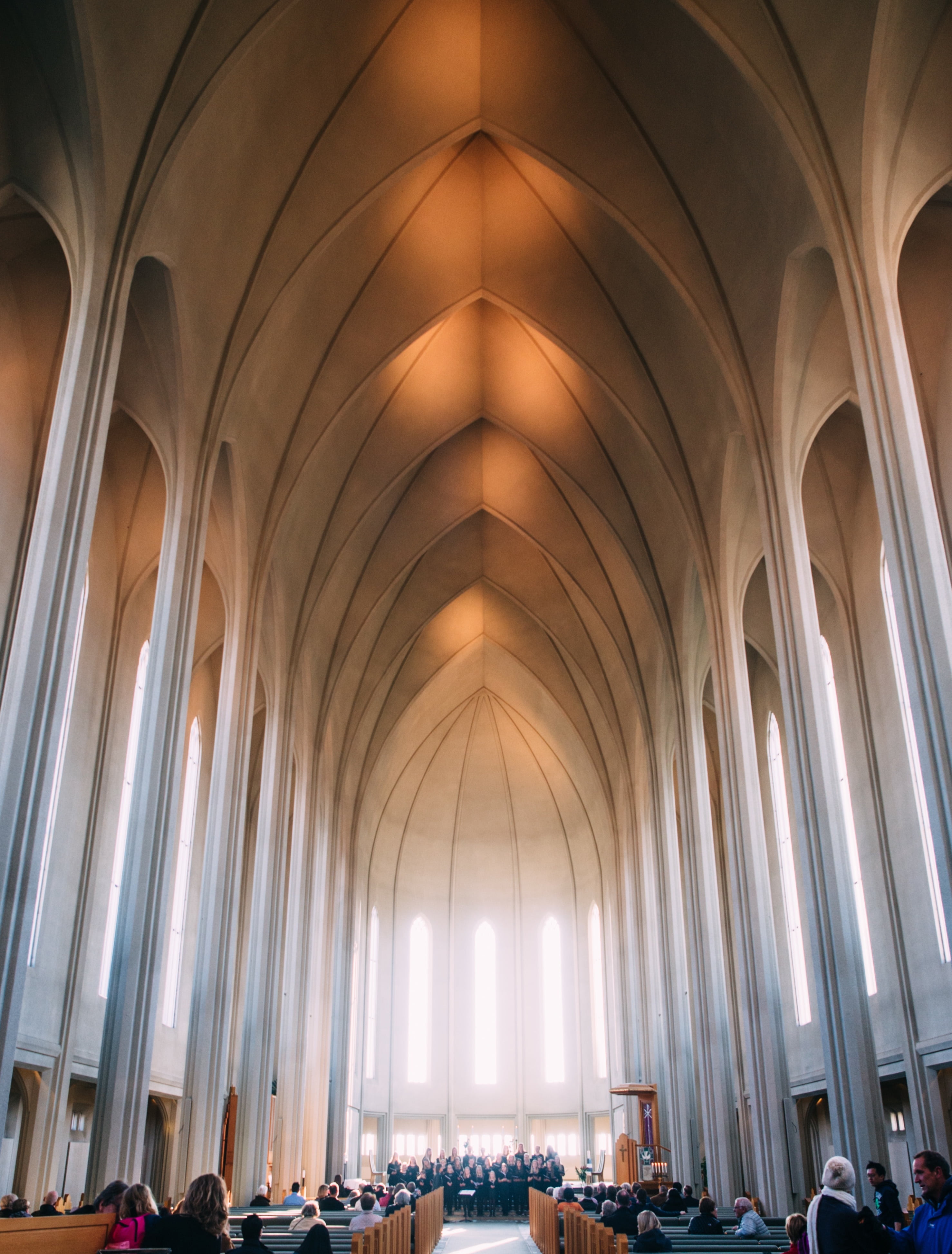 christian, hallgrimskirkja, reykjavik, building, belief, 4K, interior, cathedral, arched, gothic, group of people, crowd, catholic, iceland, europe, windows, Phone HD Wallpaper