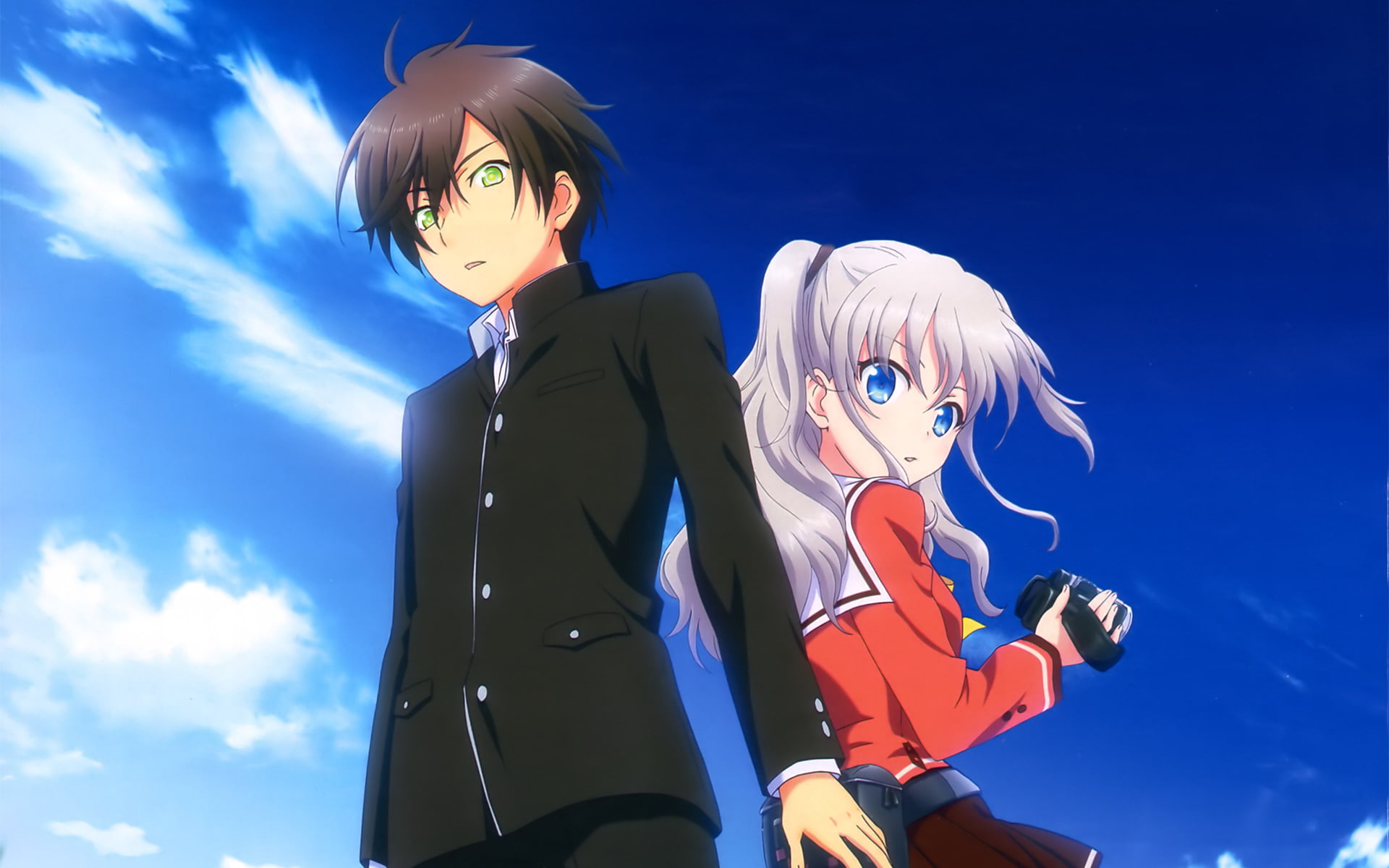 Camera, Sky, Long Hair, Charlotte (Anime), Nao Tomori, Anime, 1080P, Charlotte, Yū Otosaka, White Hair, School Uniform, Brown Hair, Cloud, Green Eyes, HD Wallpaper