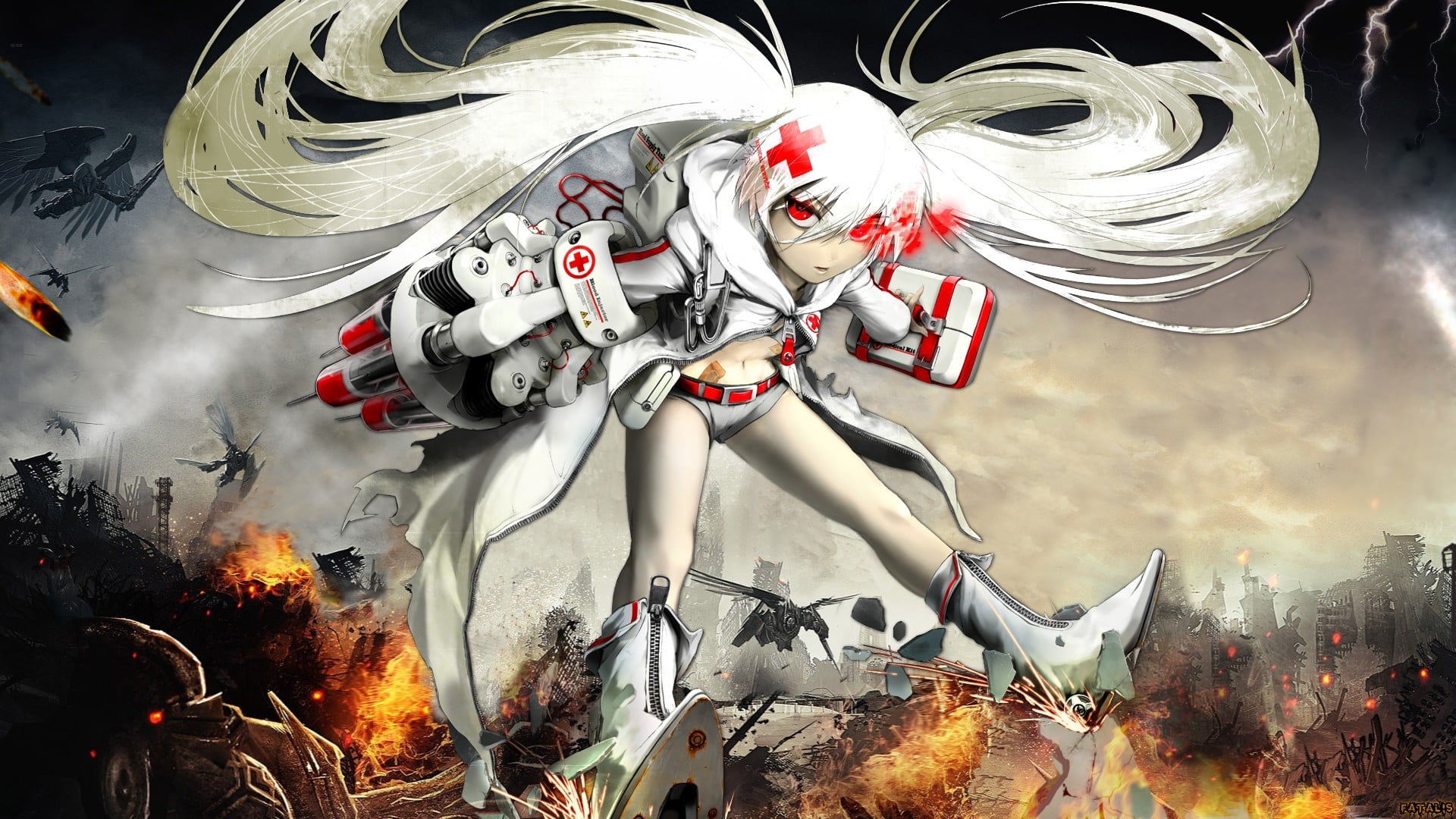 fire, women, 1080P, long hair, nature, flame, transportation, white hair, twintails, smoke - physical structure, digital composite, helmet, adult, heat - temperature, HD Wallpaper