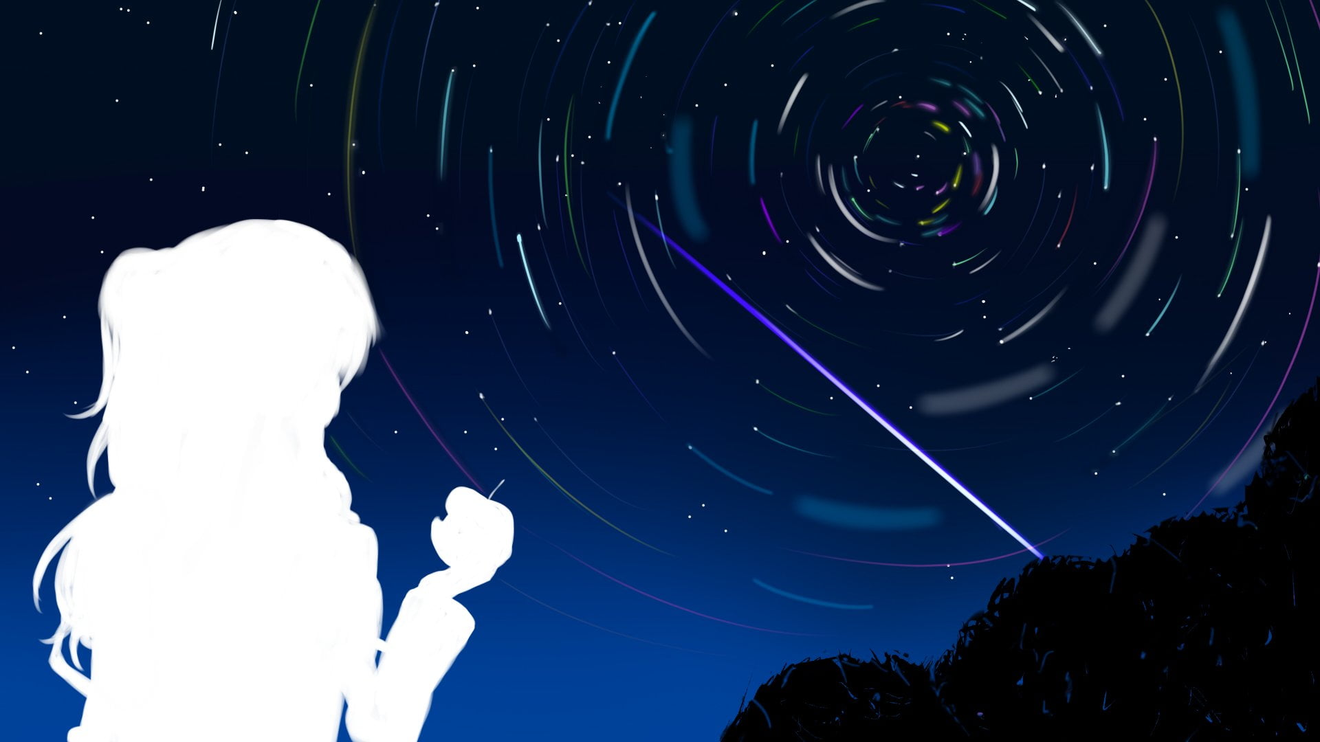 art and craft, motion, night, space, technology, illuminated, Anime, silhouette, low angle view, sky, outdoors, creativity, long exposure, nature, Charlotte, HD Wallpaper