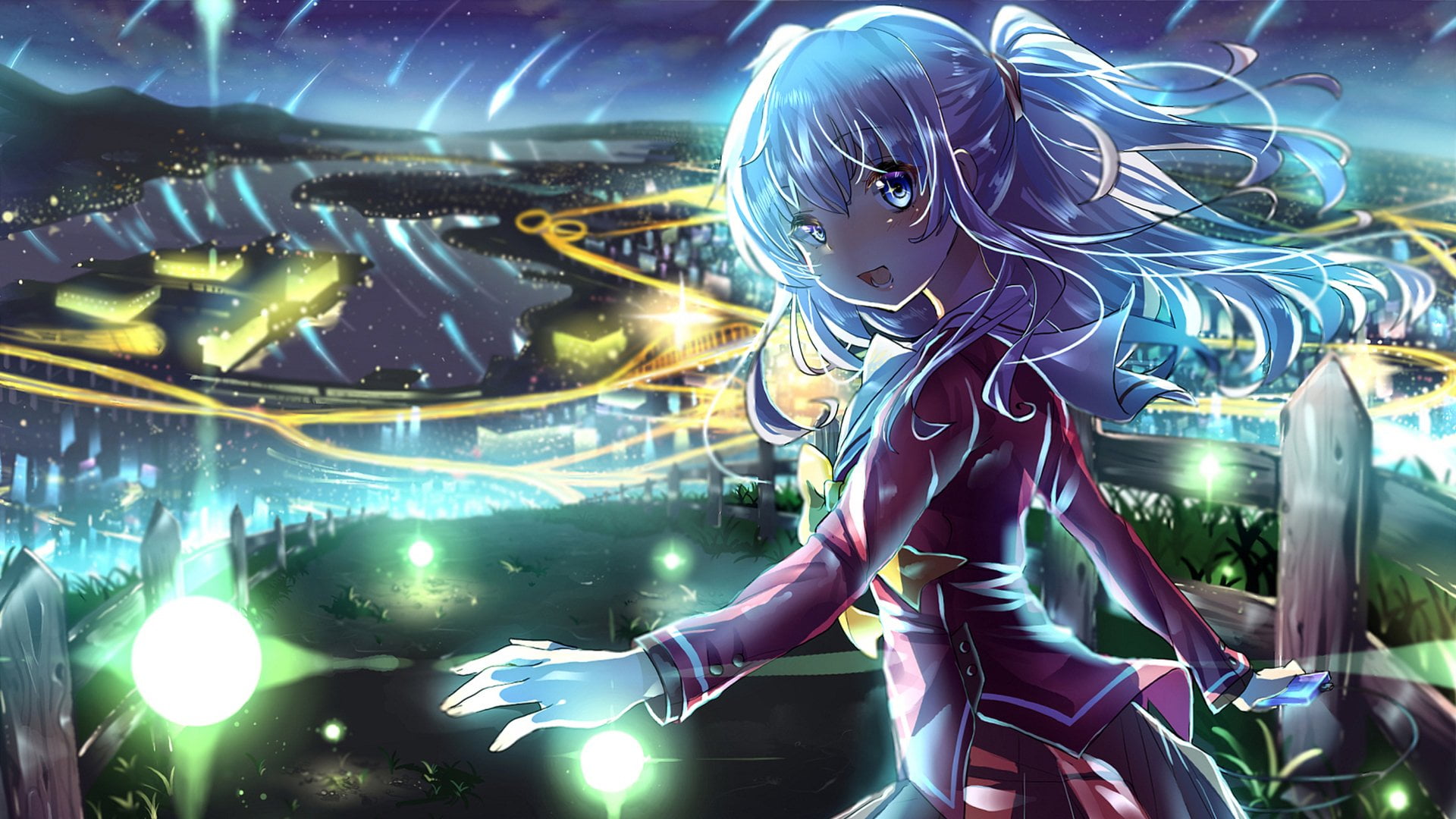 Anime, young adult, multi colored, young women, females, connection, Charlotte (Anime), 1080P, illustration, School Uniform, night, glowing, illuminated, HD Wallpaper
