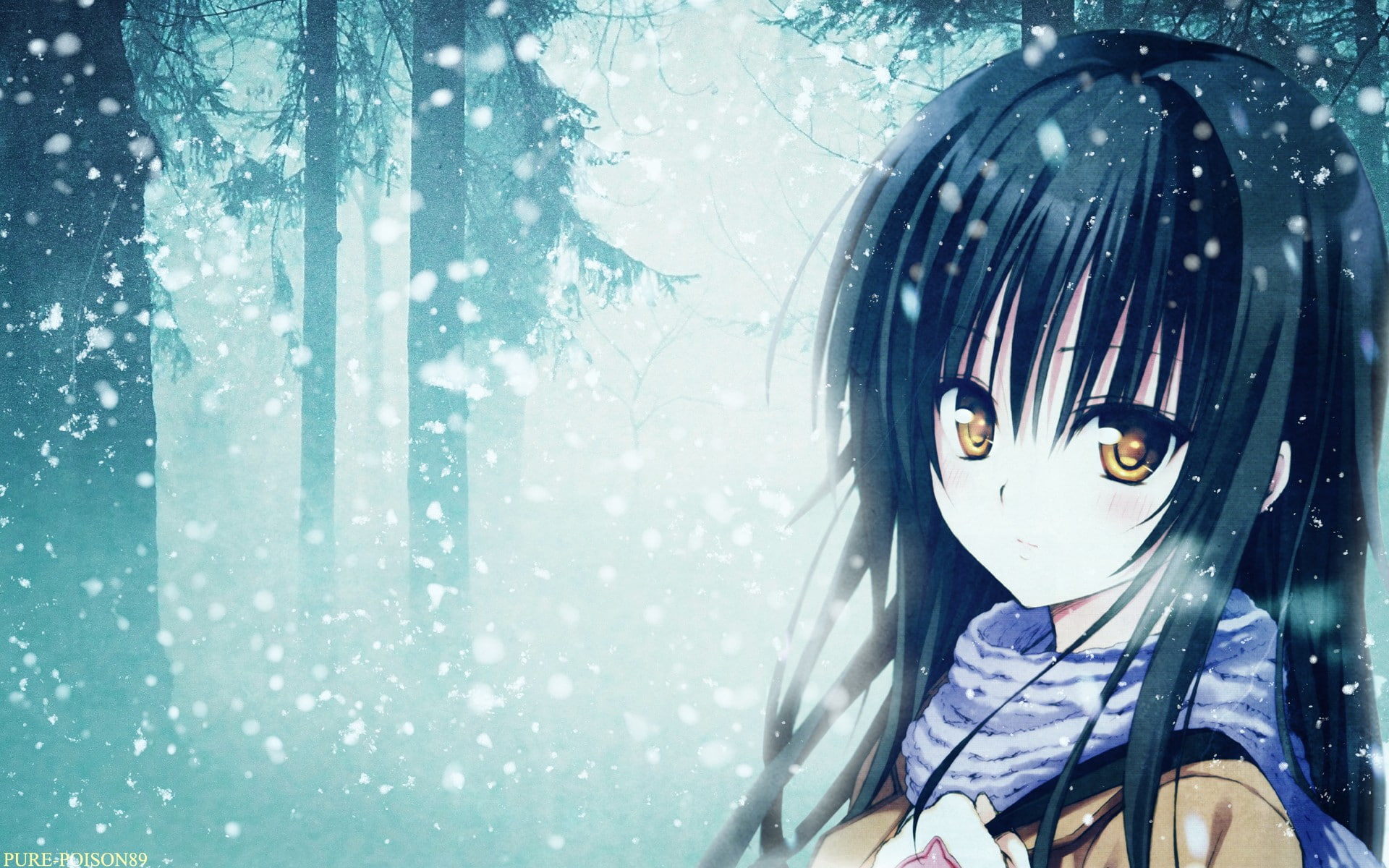 snow, black, golden, winter, anime, kotegawa, girls, 1080P, manipulation, long, trees, outdoors, hair, forests, love, faces, eyes, scarfs, bangs, yellow, HD Wallpaper