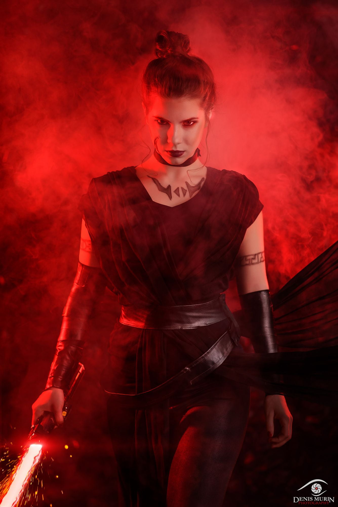 black clothing, belt, pants, Denis Murin, hairbun, red, 1080P, women, cosplay, choker, bracelets, Sith, robes, lightsaber, mist, Star Wars, leather, looking, Phone HD Wallpaper