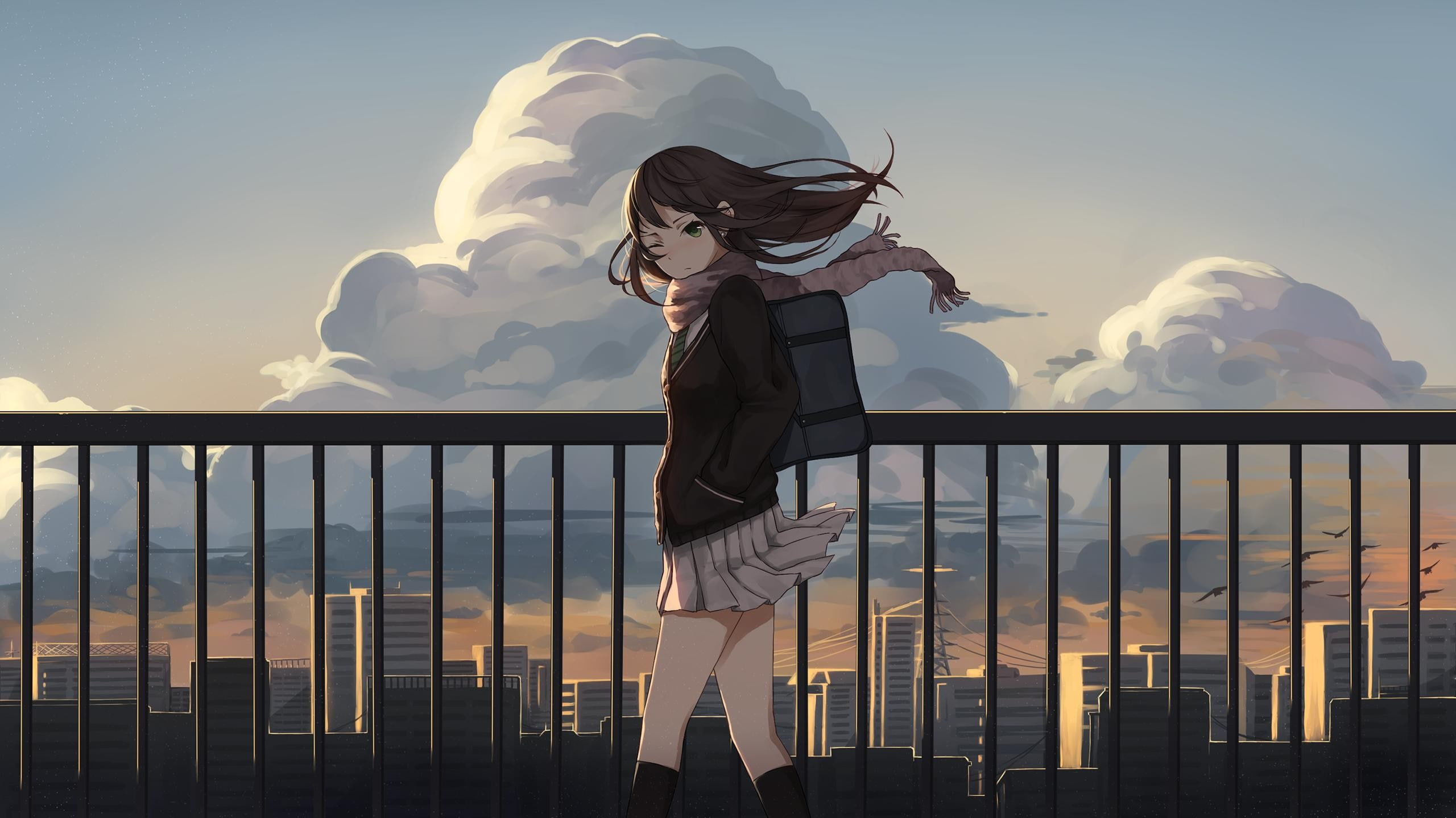 2K, brunette, THE iDOLM@STER: Cinderella Girls, sunset, skirt, scarf, school uniform, Shibuya Rin, city, knee-highs, green eyes, anime, backpacks, anime girls, HD Wallpaper