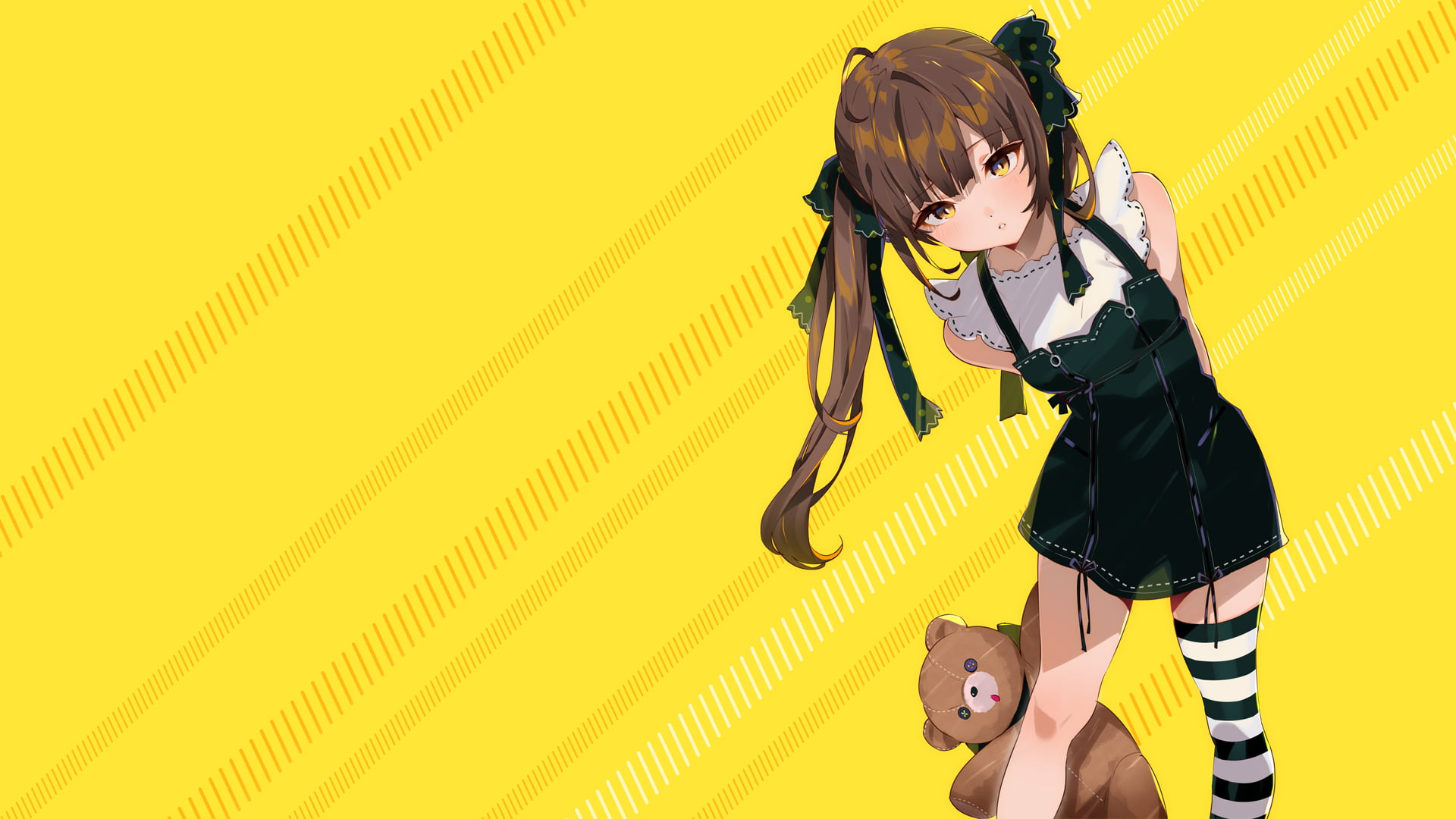 zettai ryouiki, simple background, twintails, anime, manga, white legwear, thigh-highs, anime girls, striped stockings, black legwear, yellow, schoolgirl, HD Wallpaper
