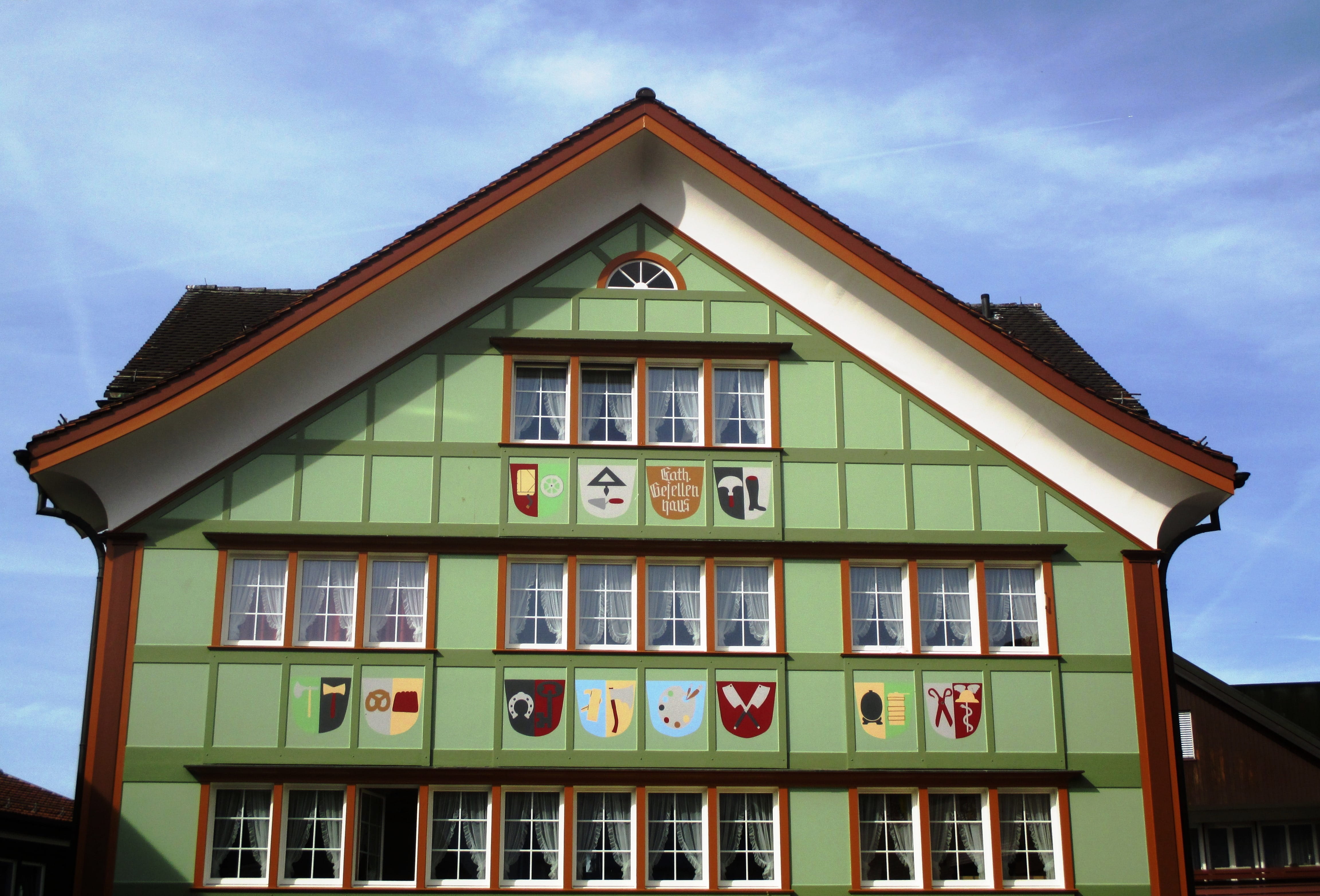 residential district, building exterior, multi colored, architecture, sky, switzerland, city, education, Appenzell, day, blue, built structure, canton of appenzell innerrhoden, HD Wallpaper