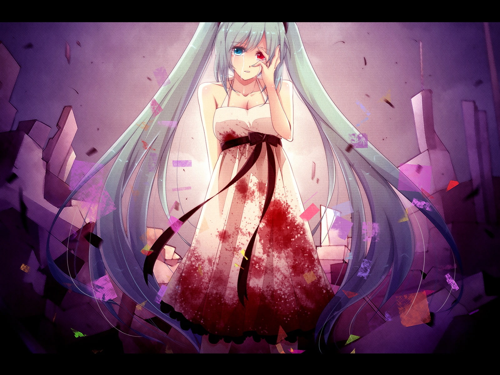 tears, miku, eyes, 720P, hatsune, kura, blood, vocaloid, izayoi, bicolored, dress, HD Wallpaper