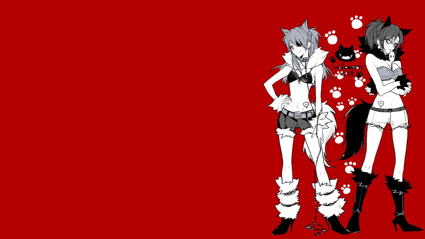 dog girls, Halloween, Neon Genesis Evangelion, 720P, anime girls, red background, anime, inumimi, Makinami Mari, Asuka Langley Soryu, HD Wallpaper
