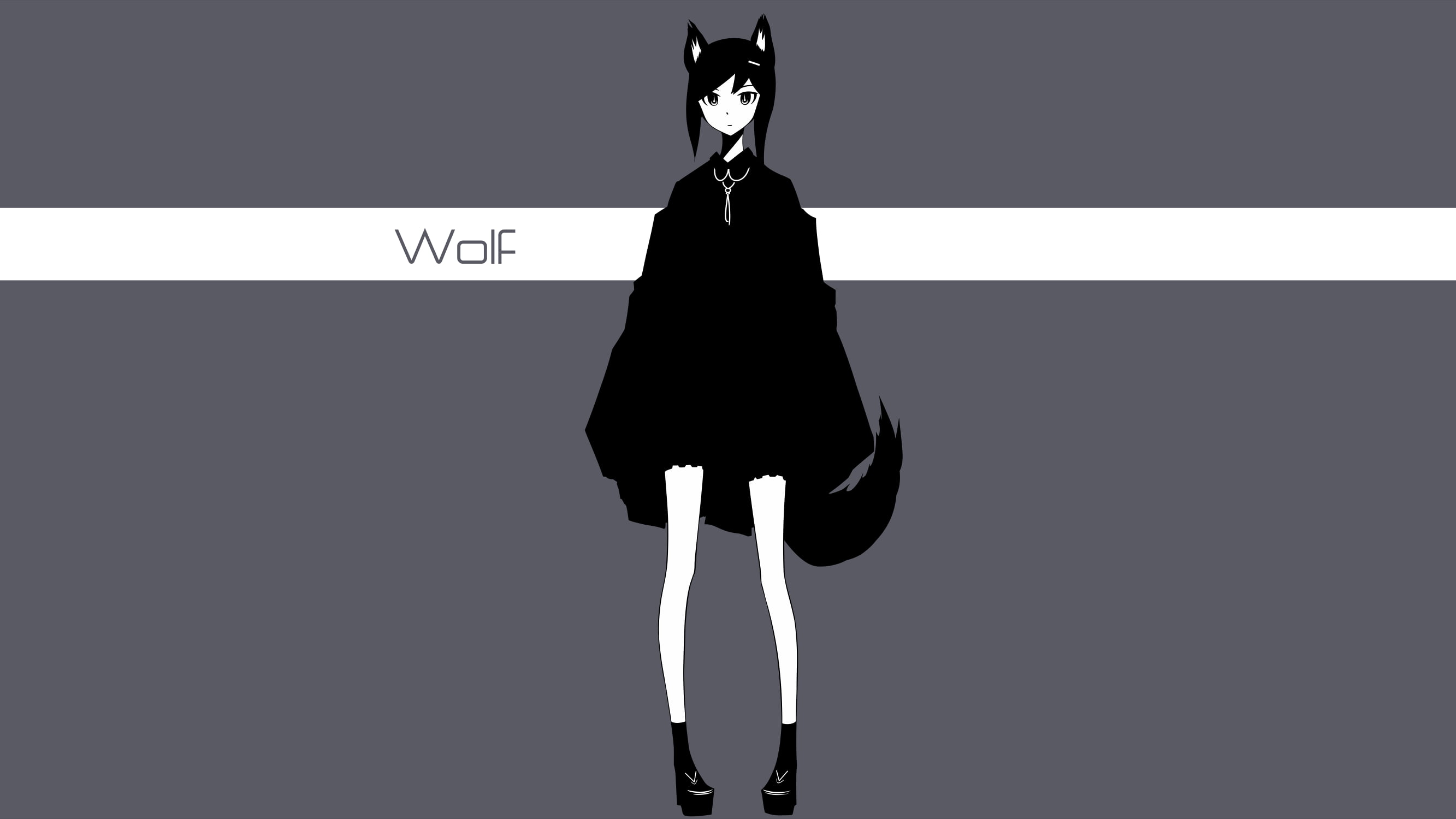 tail, tie, simple background, original characters, inumimi, jacket, short hair, anime girls, 2K, HD Wallpaper