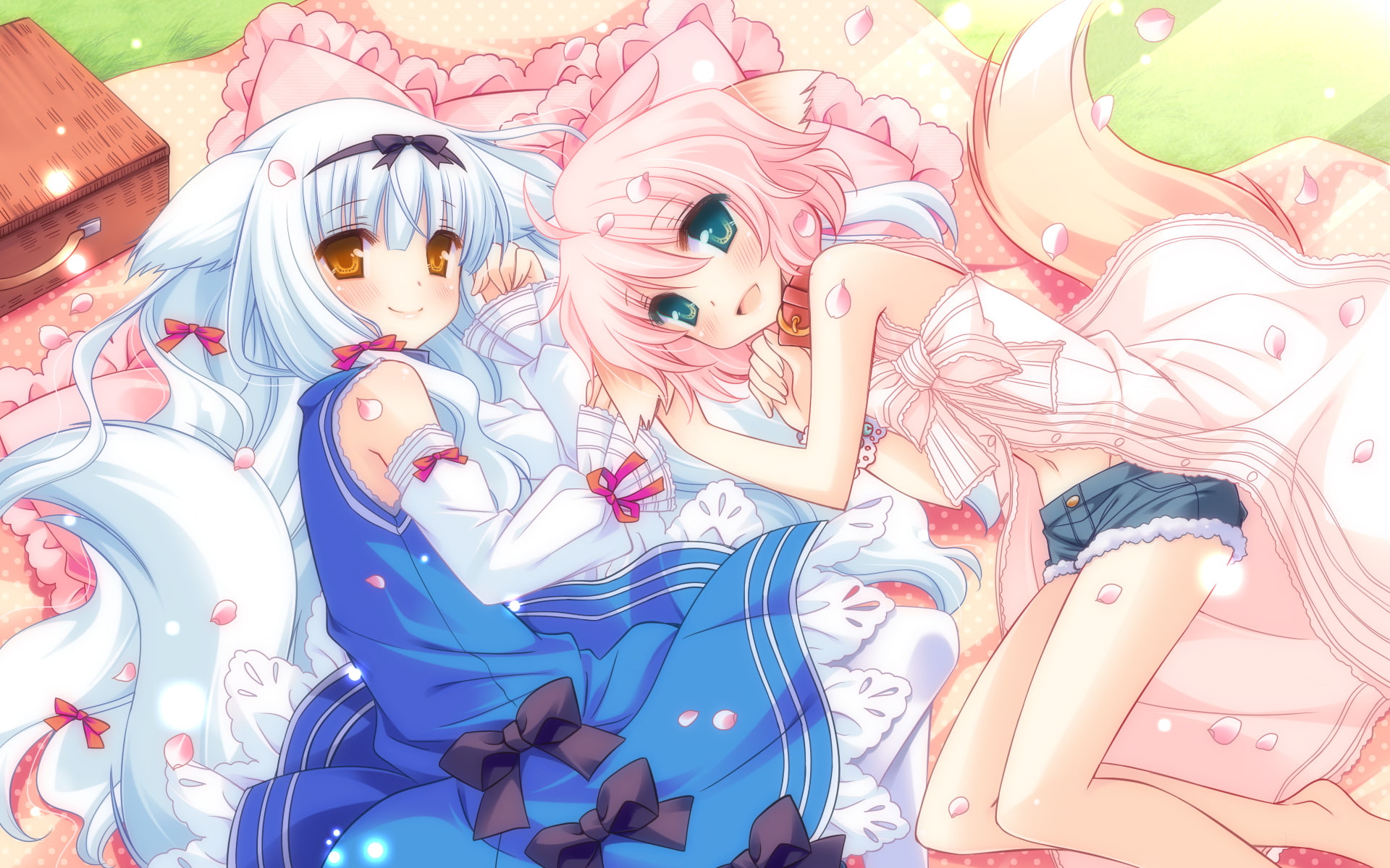 tail, inugahora, ears, foxgirl, girls, inumimi, lily, w l, wanko, petals, animal, 1080P, HD Wallpaper
