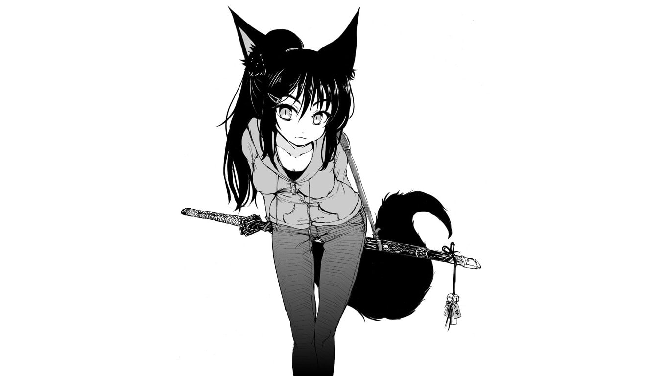 beautiful woman, Inumimi, witch, looking at camera, three quarter length, copy space, indoors, young women, Dog Girls, 720P, white background, young adult, HD Wallpaper