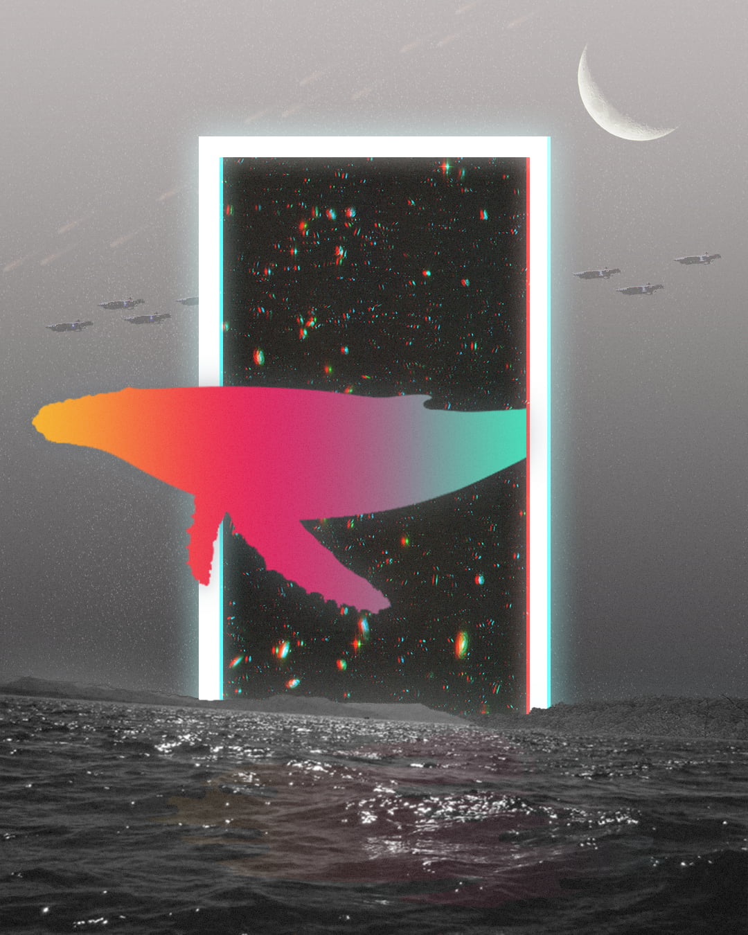 monochrome, digital art, vertical, waves, noise, Portal, glitch art, spaceship, meteorite, 720P, whale, gradient, Phone HD Wallpaper