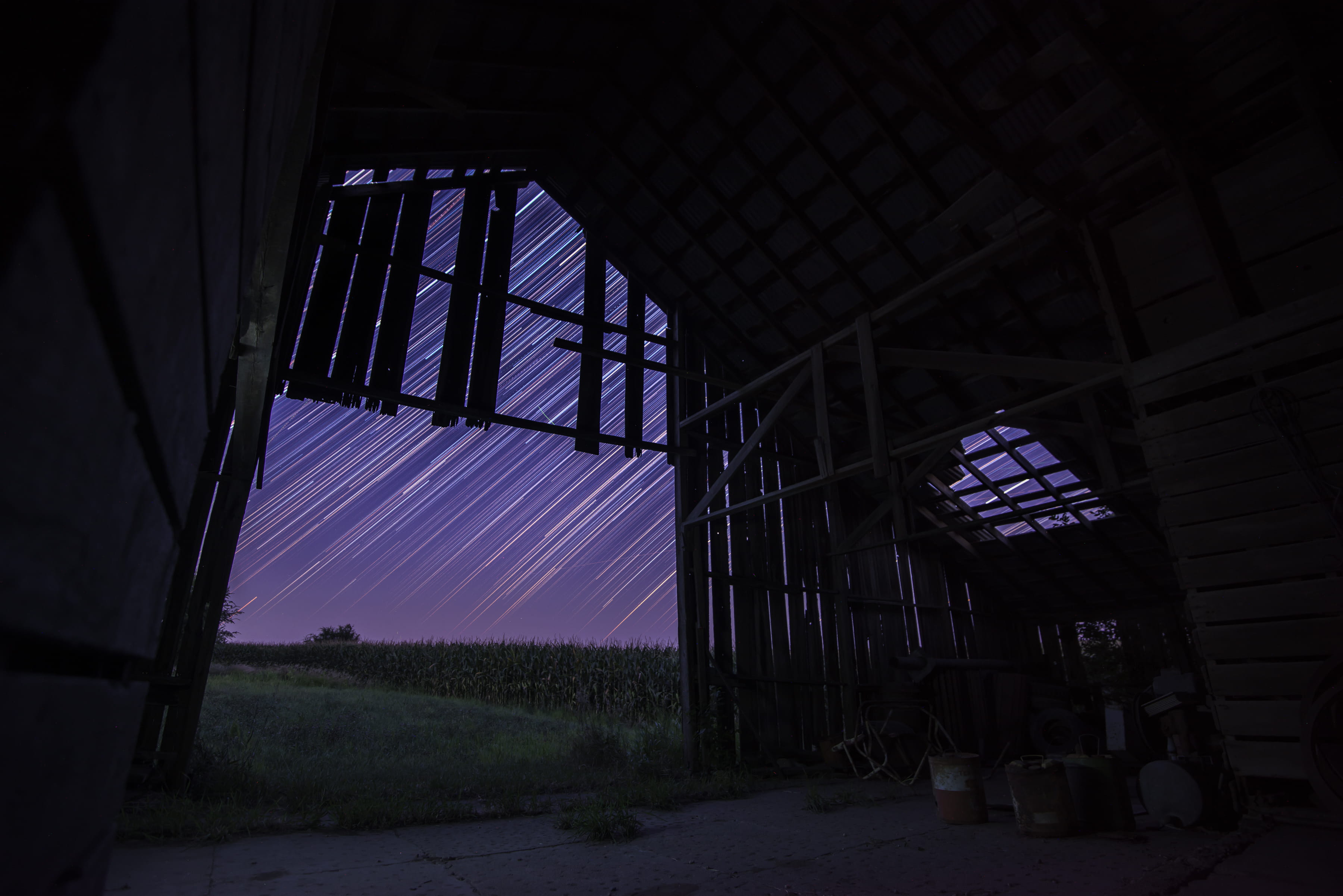 ceiling, obsolete, building, long exposure, farm, barn, built structure, bad condition, time lapse, corn field, dark, night time, wall, domestic room, architecture, HD Wallpaper