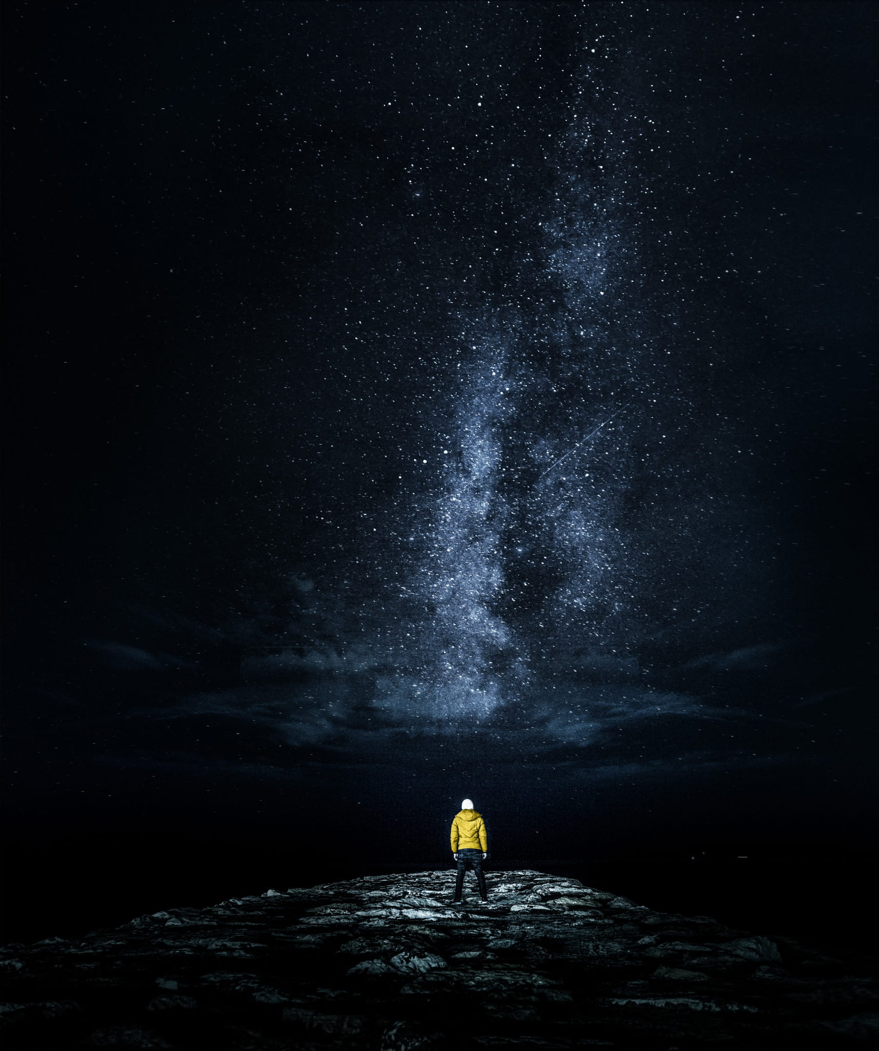 tranquility, 1080P, astrophotohgraphy, golfejuan, cliff, land, person, beauty in nature, full length, night, galaxy, nature, one person, unrecognizable person, Phone HD Wallpaper