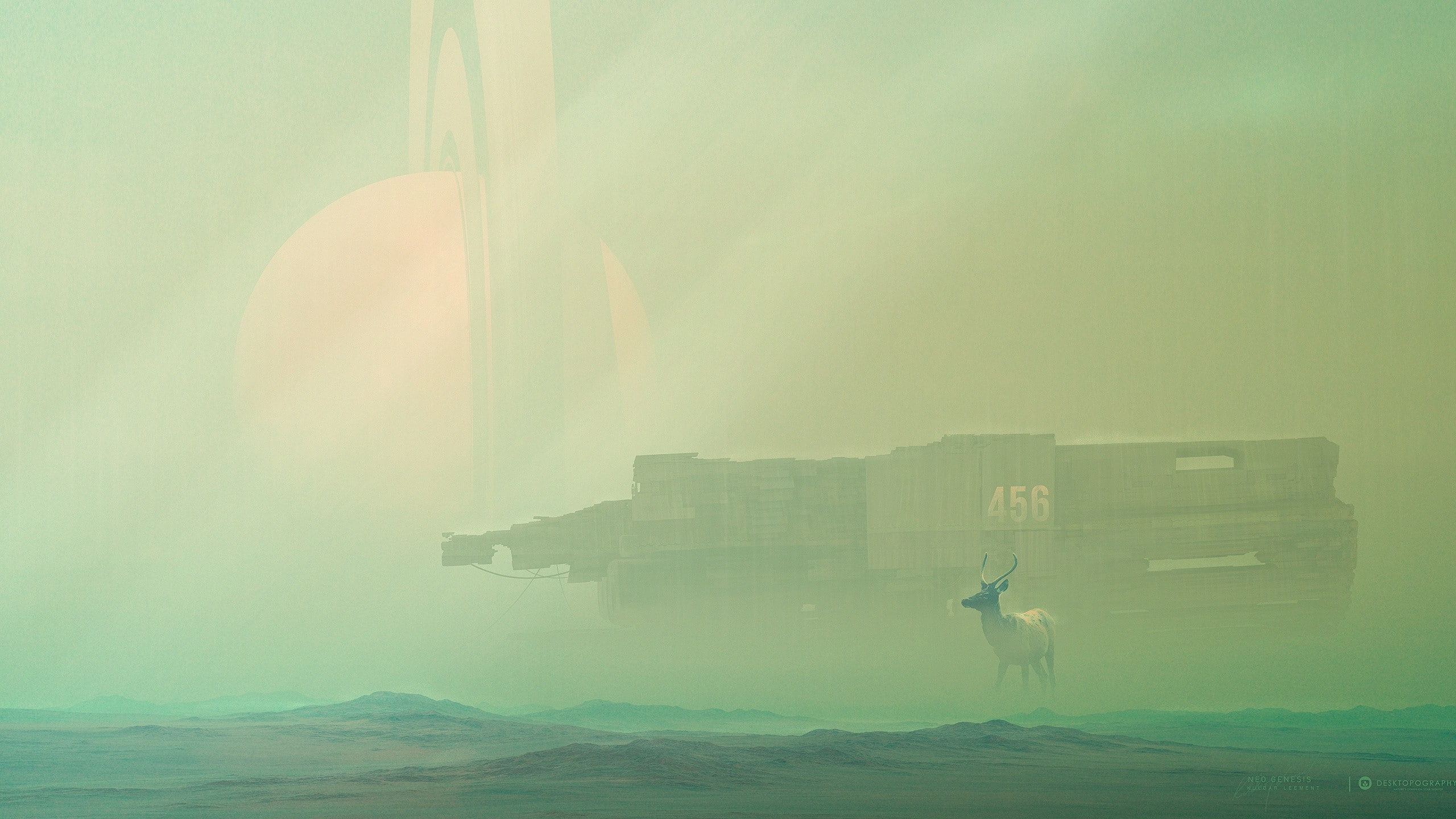 2K, Desktopography, spaceship, fantasy art, planet, deer, HD Wallpaper