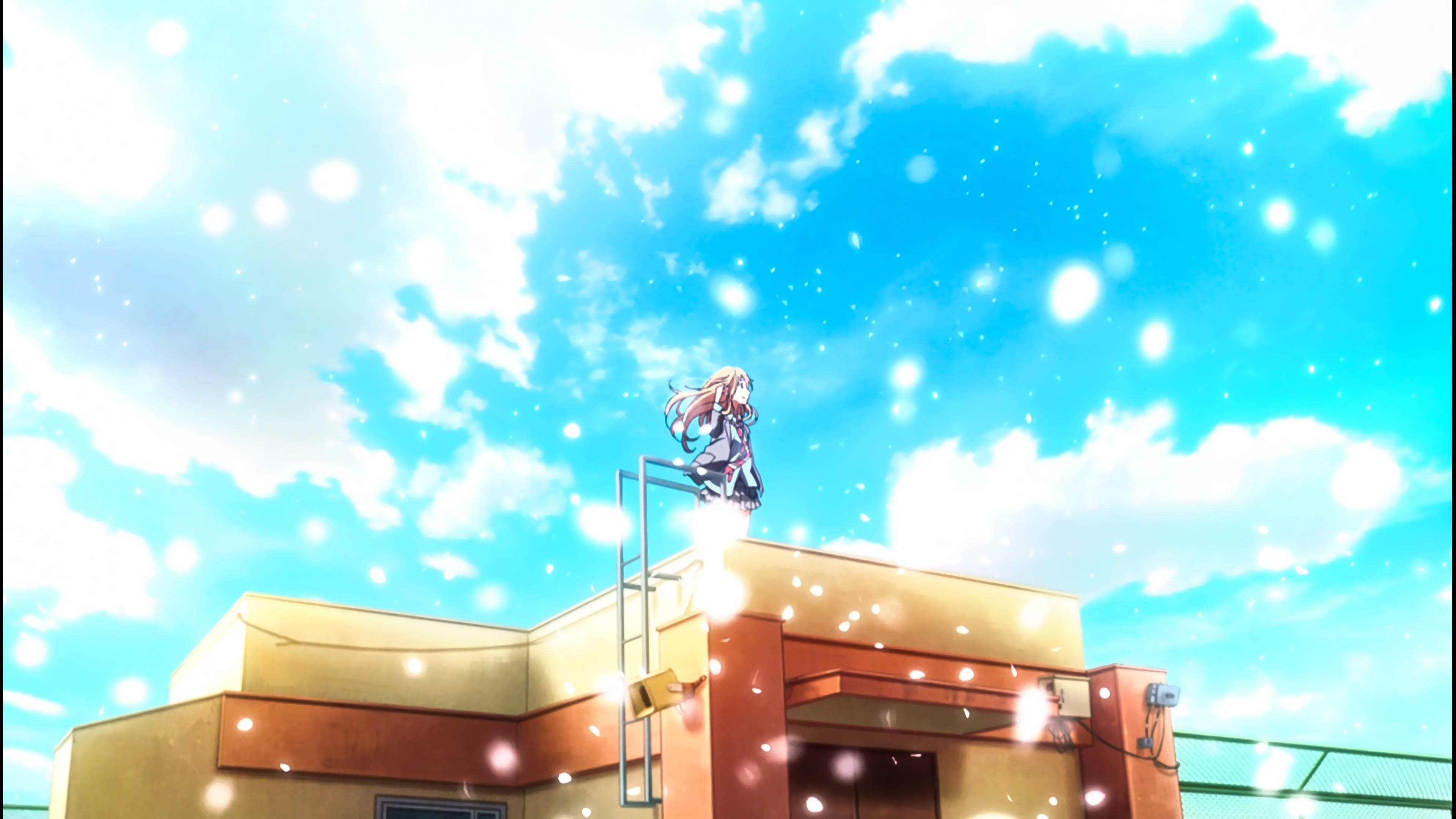 railing, Shigatsu wa Kimi no Uso, focus on foreground, blue, building, sky, men, day, brown, nature, low angle view, communication, cloud - sky, concrete, HD Wallpaper