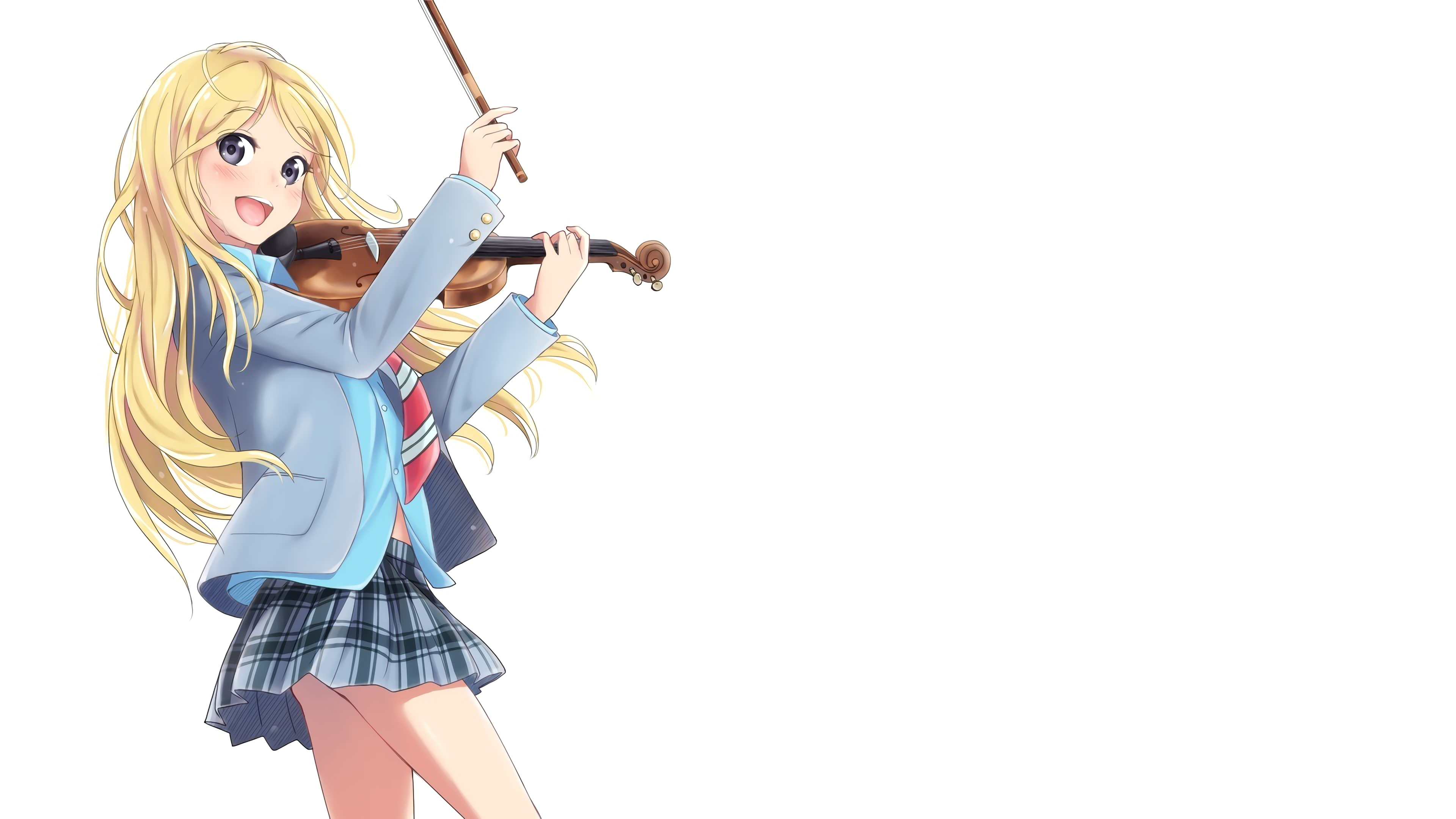 blond hair, Shigatsu wa Kimi no Uso, one person, anime girls, 4K, child, females, young women, hairstyle, standing, white background, holding, women, three quarter length, HD Wallpaper
