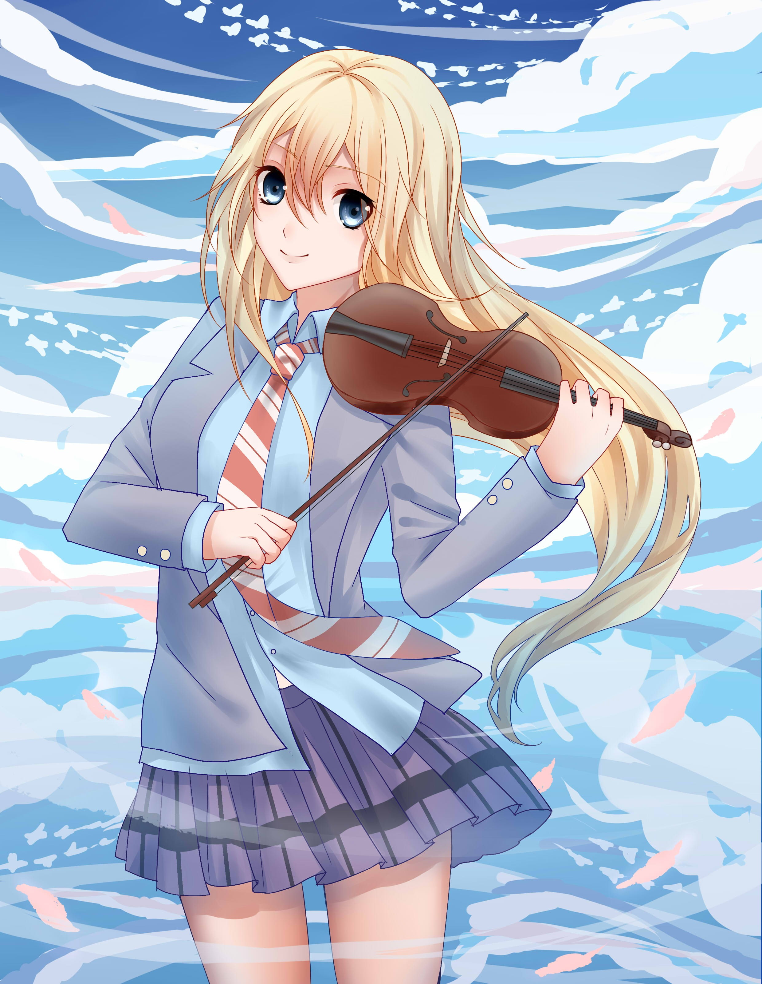 looking at camera, anime girls, blond hair, nature, lifestyles, young adult, females, 2K, young women, adult, emotion, cute, blue eyes, women, violin, Phone HD Wallpaper