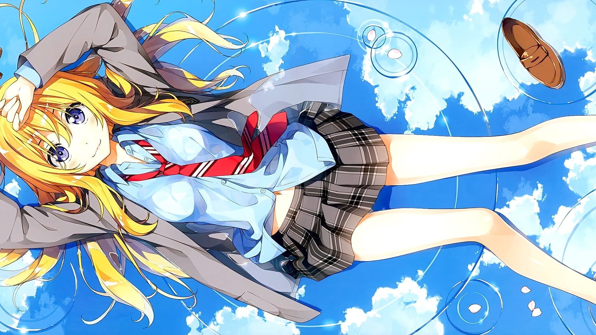 school uniform, blonde, no people, long hair, smiling, blue, outdoors, nature, anime girls, multi colored, anime, 1080P, sky, close-up, music, studio shot, HD Wallpaper