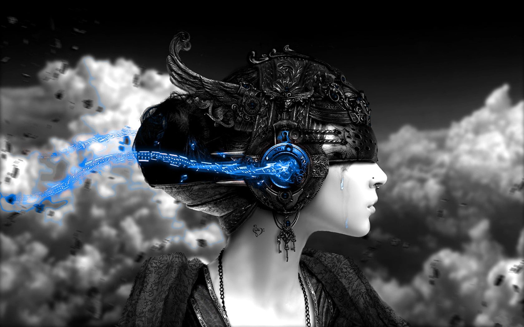 selective coloring, mask, digital art, 720P, artwork, face, tears, HD Wallpaper