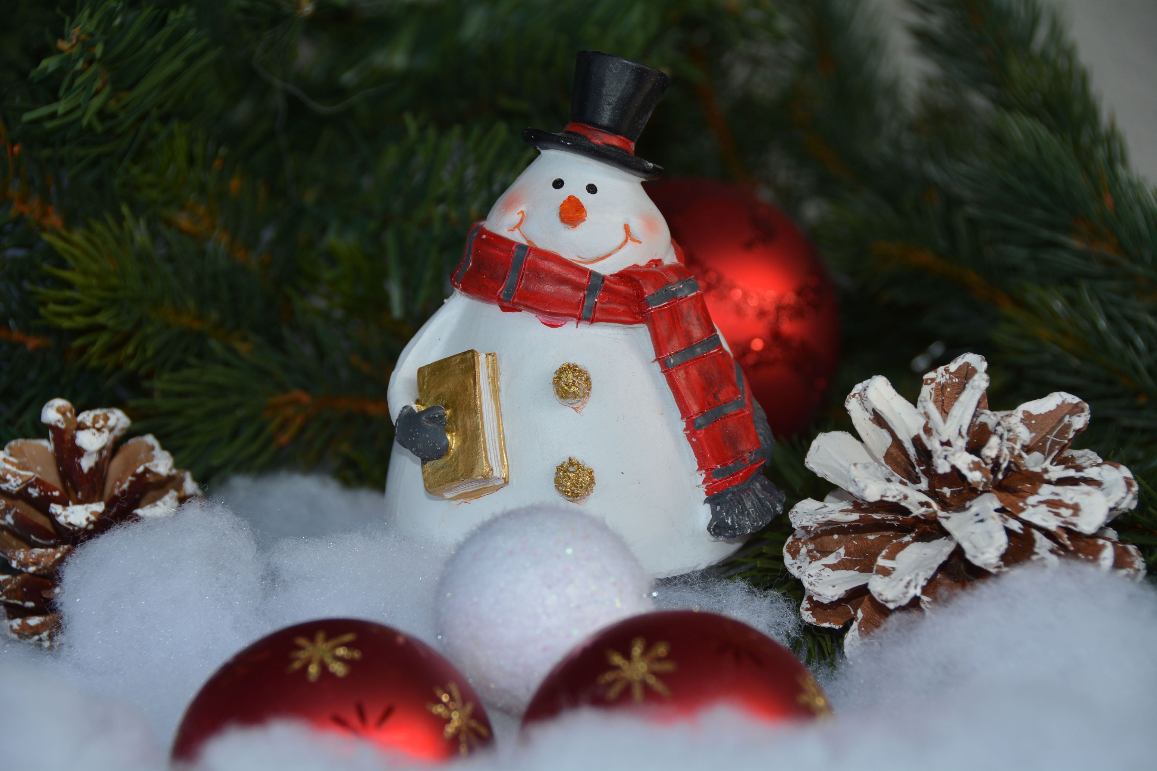 event, christmas decoration, feast of love, red, holly, festival, snow man, beside, no people, christmas, two, christmas ornament, 4K, decoration, pine cone, HD Wallpaper