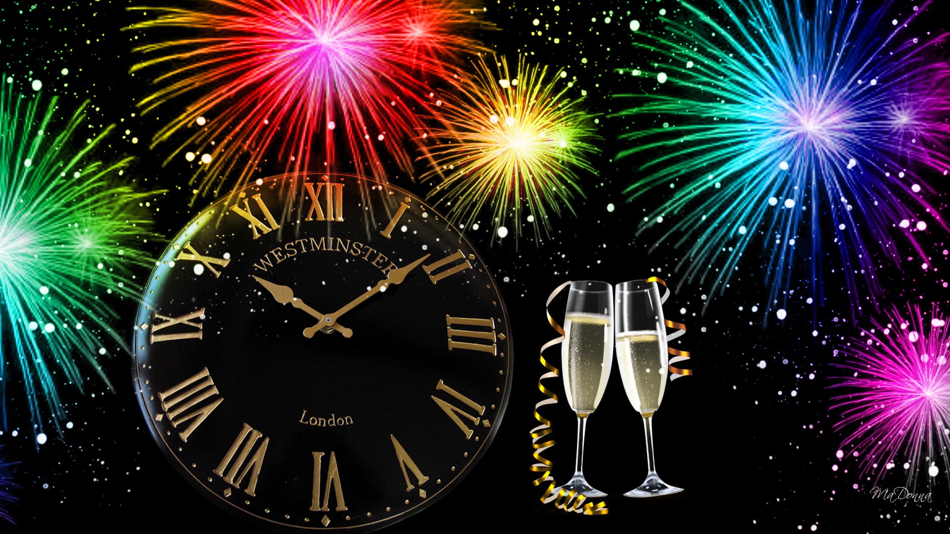 hd, clock, merry, champagne, christmas, cards, mobile, fireworks, new, glasses, phonesx, colorful, 1080P, year, happy, HD Wallpaper