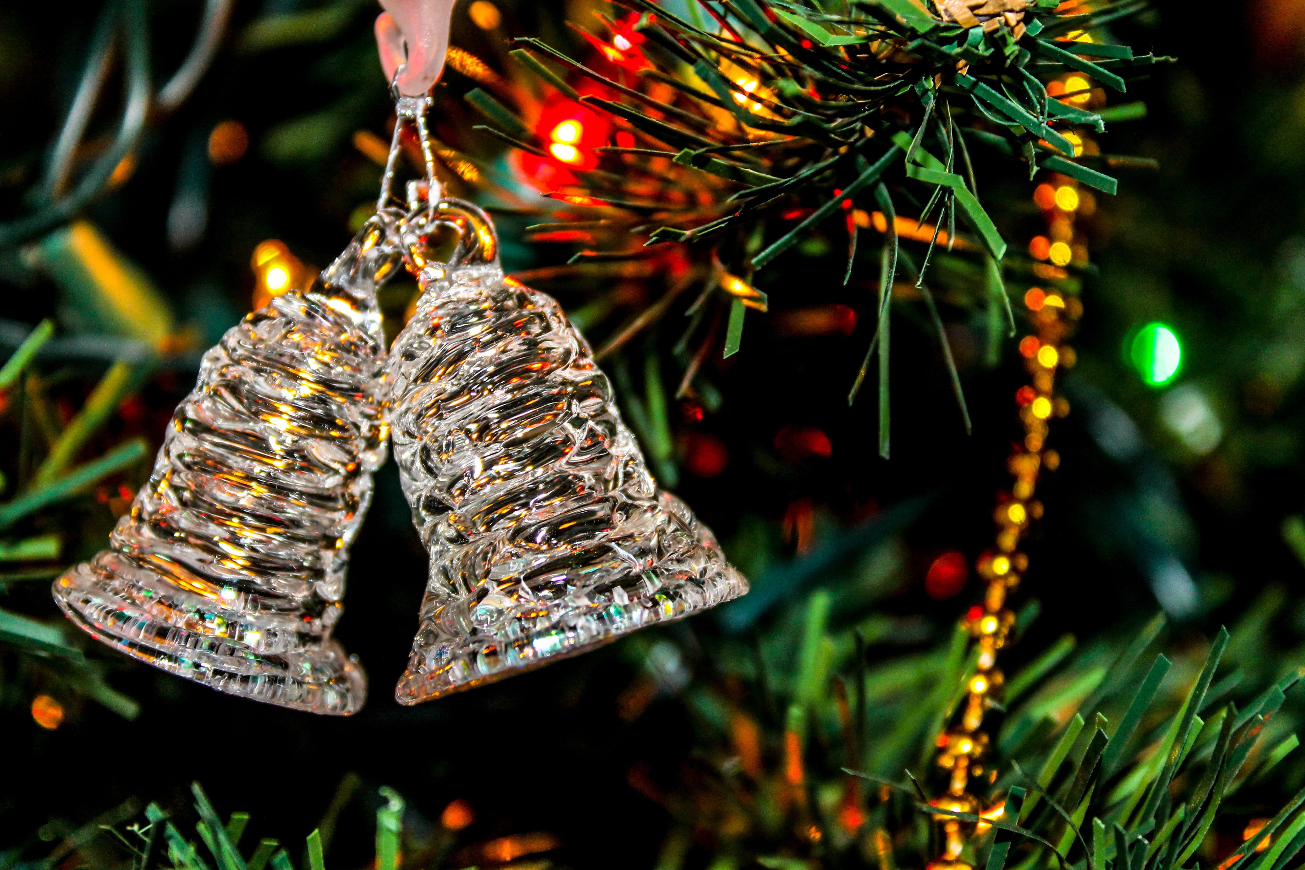 christmas tree, 4K, plant, decoration, bell, winter, ribbon, candle, close-up, christmas, outdoors, Bell, beauty in nature, festive, Xmas, illuminated, HD Wallpaper