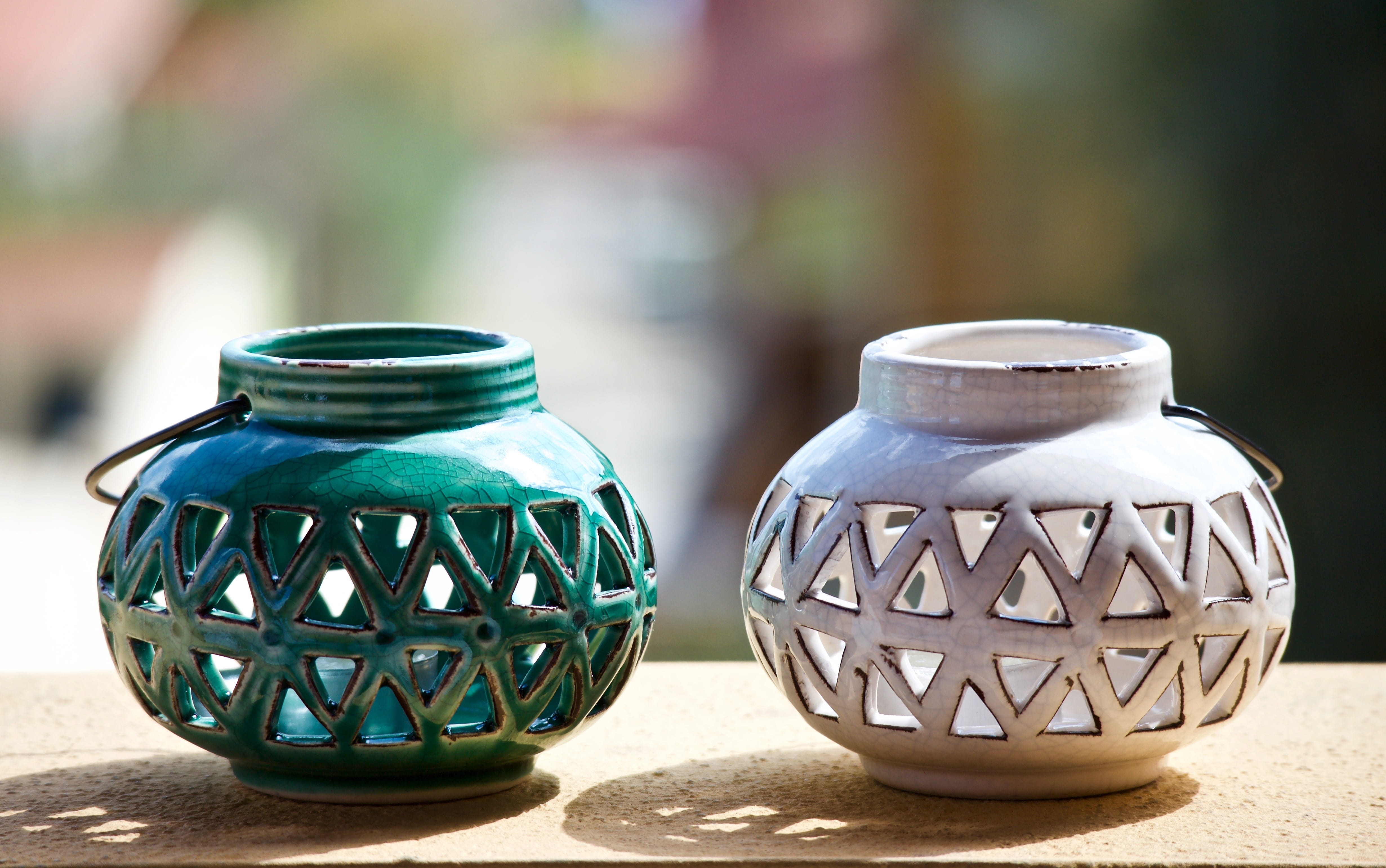 nature, creativity, vase, handmade, still life, day, pottery, table, candle, close-up, shape, garden, focus on foreground, terrace, green, two objects, HD Wallpaper