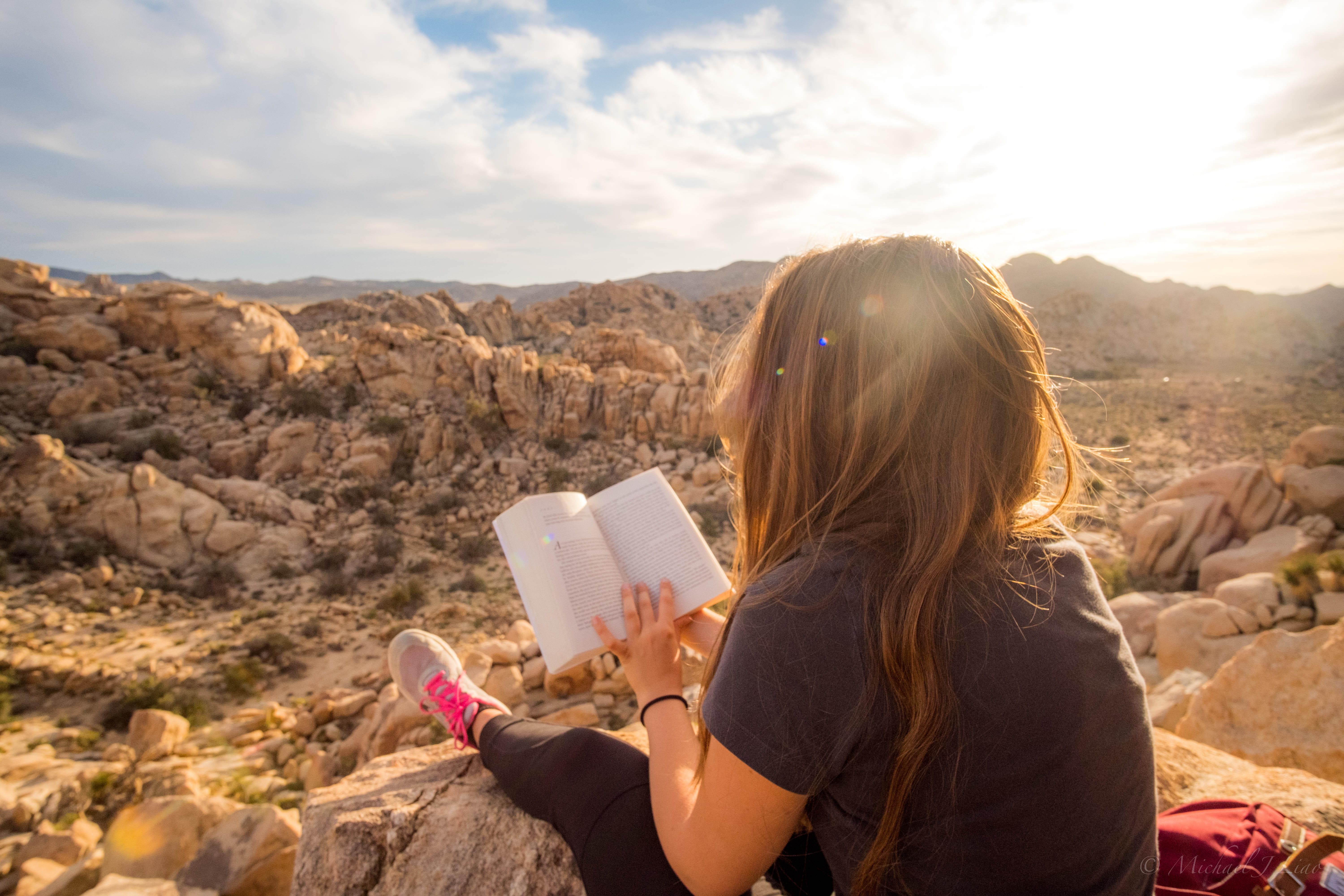 rock - object, rock climbing, read, mountain, sky, rock, sitting, summer, reading, sit, women, joshua tree, flare, long hair, hiking, activity, book, adult, HD Wallpaper