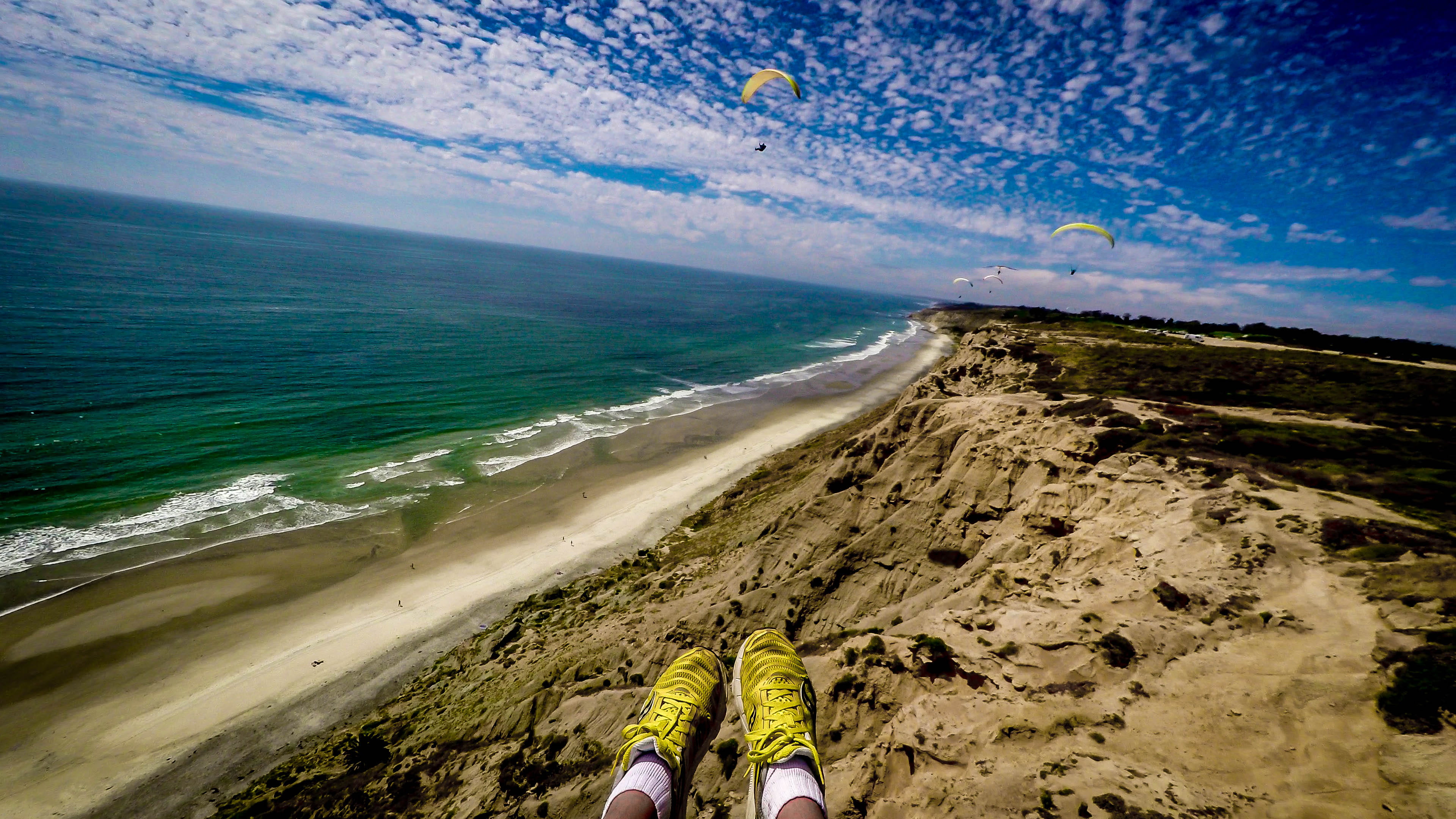 blue, shoes, scenics - nature, photography, paragliding, human leg, sea, achievement, blue sky, low section, human limb, michael liao, adventure, limb, HD Wallpaper
