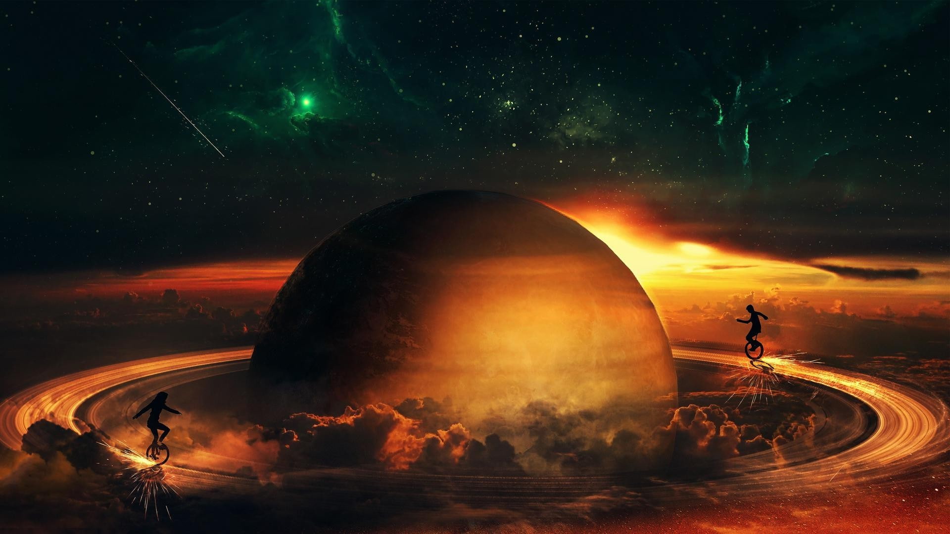 stars, Unicycle, 1080P, Silhouette, digital art, Sparks, Saturn, universe, space, planet, women, sunlight, nebula, Shooting Stars, clouds, men, fantasy, HD Wallpaper