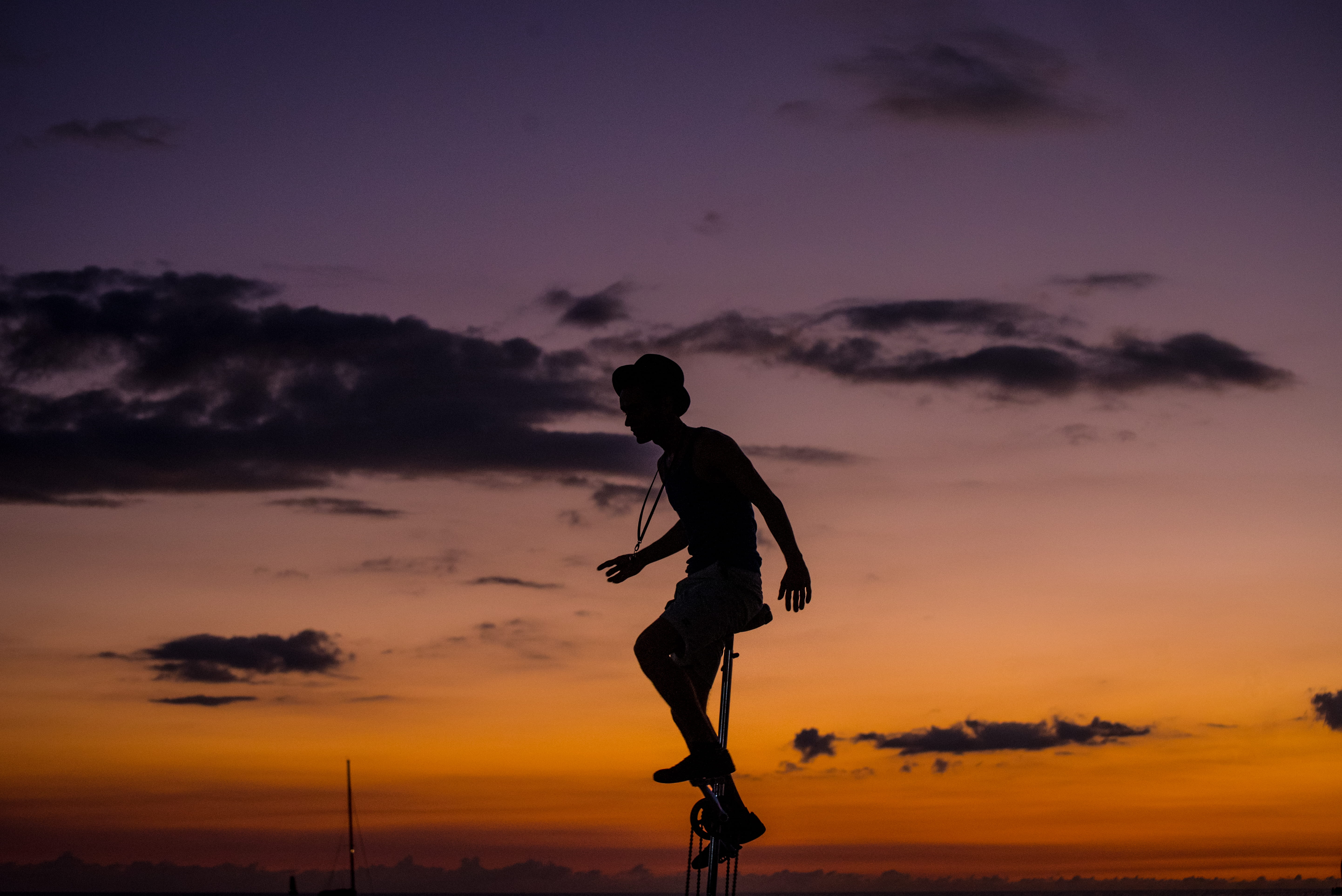 hat, skill, lifestyles, men, unicycle, photo, cloud - sky, sunset, male, purple, beauty in nature, silhouette, land, sky, scenics - nature, real people, HD Wallpaper