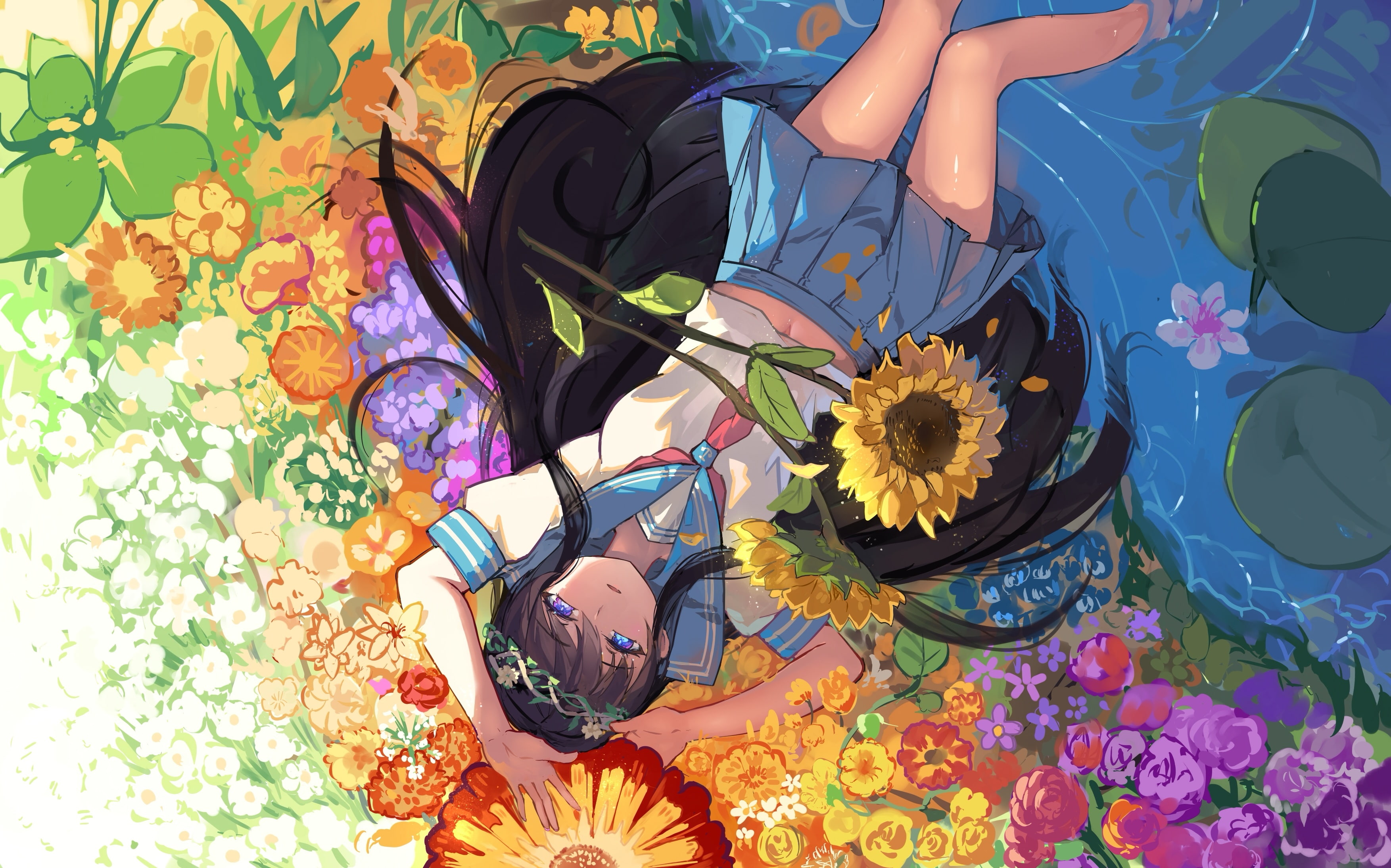 sunflower, skirt, 2K, petals, 238476, konachan, aqua, eyes, navel, flowers, black, hair, water, seifuku, haraguroi, com, you, long, original, HD Wallpaper