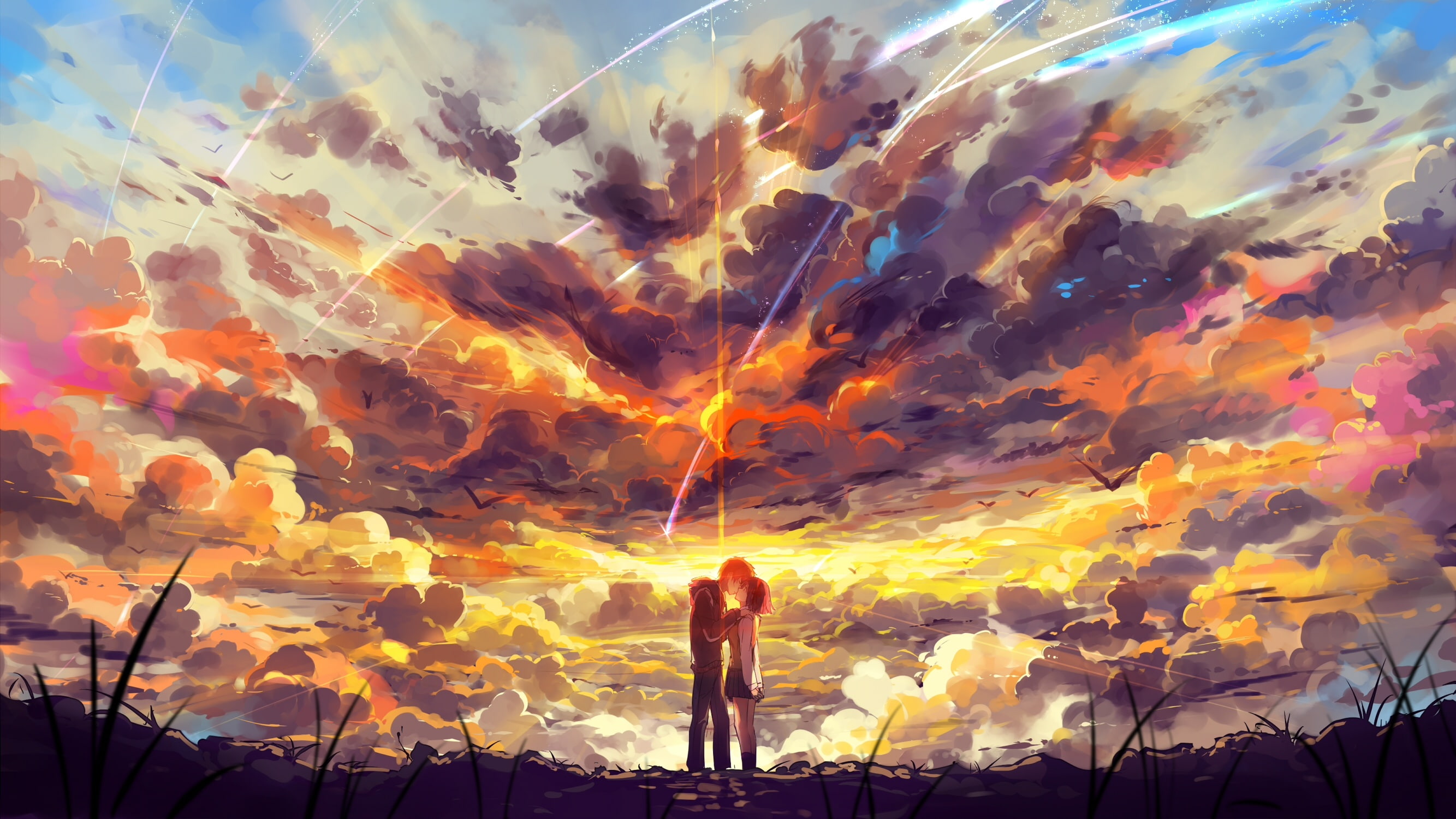 238495, sky, stars, com, clouds, konachan, hair, you, short, kneehighs, skirt, 2K, kiss, haraguroi, miyamizu, male, kimi, tachibana, taki, mitsuha, HD Wallpaper