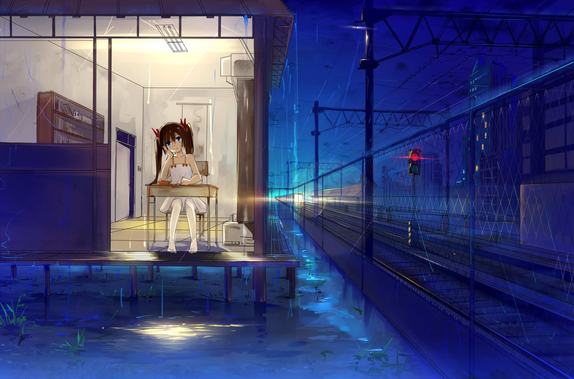 table, girl, 1080P, haraguroi you, traffic light, sitting, art, railroad, night, house, rain, HD Wallpaper