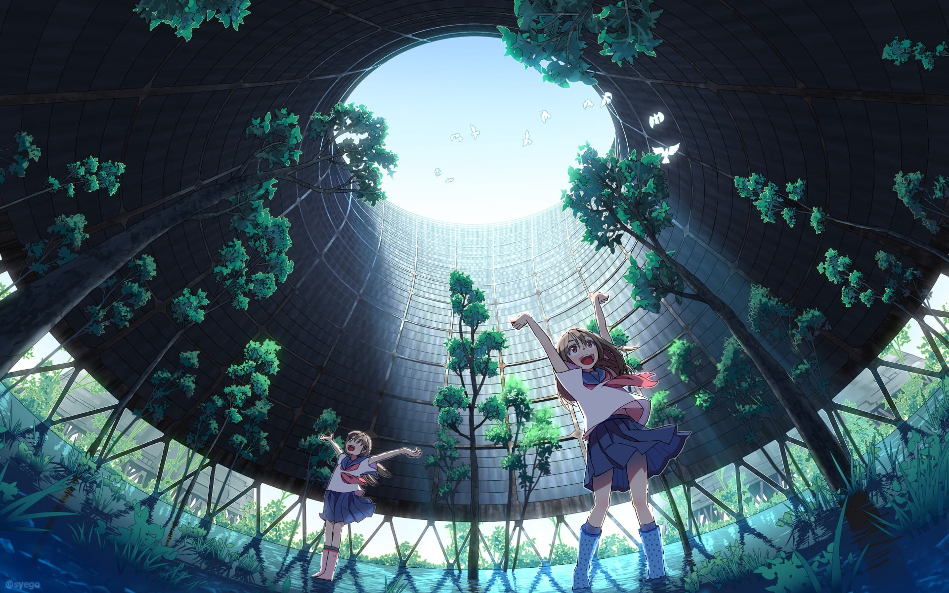 skirt, low angle view, anime, growth, nature, sky, built structure, women, anime girls, architecture, day, happy, young adult, casual clothing, real people, HD Wallpaper