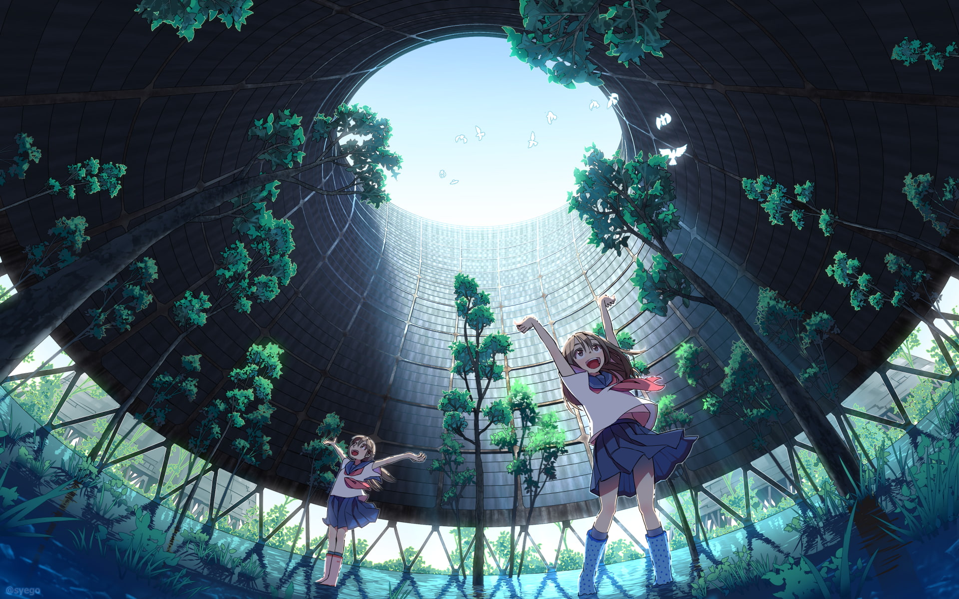 sky, water, building, 1080P, syego, school uniform, birds, skirt, arms up, happy, anime girls, anime, trees, HD Wallpaper