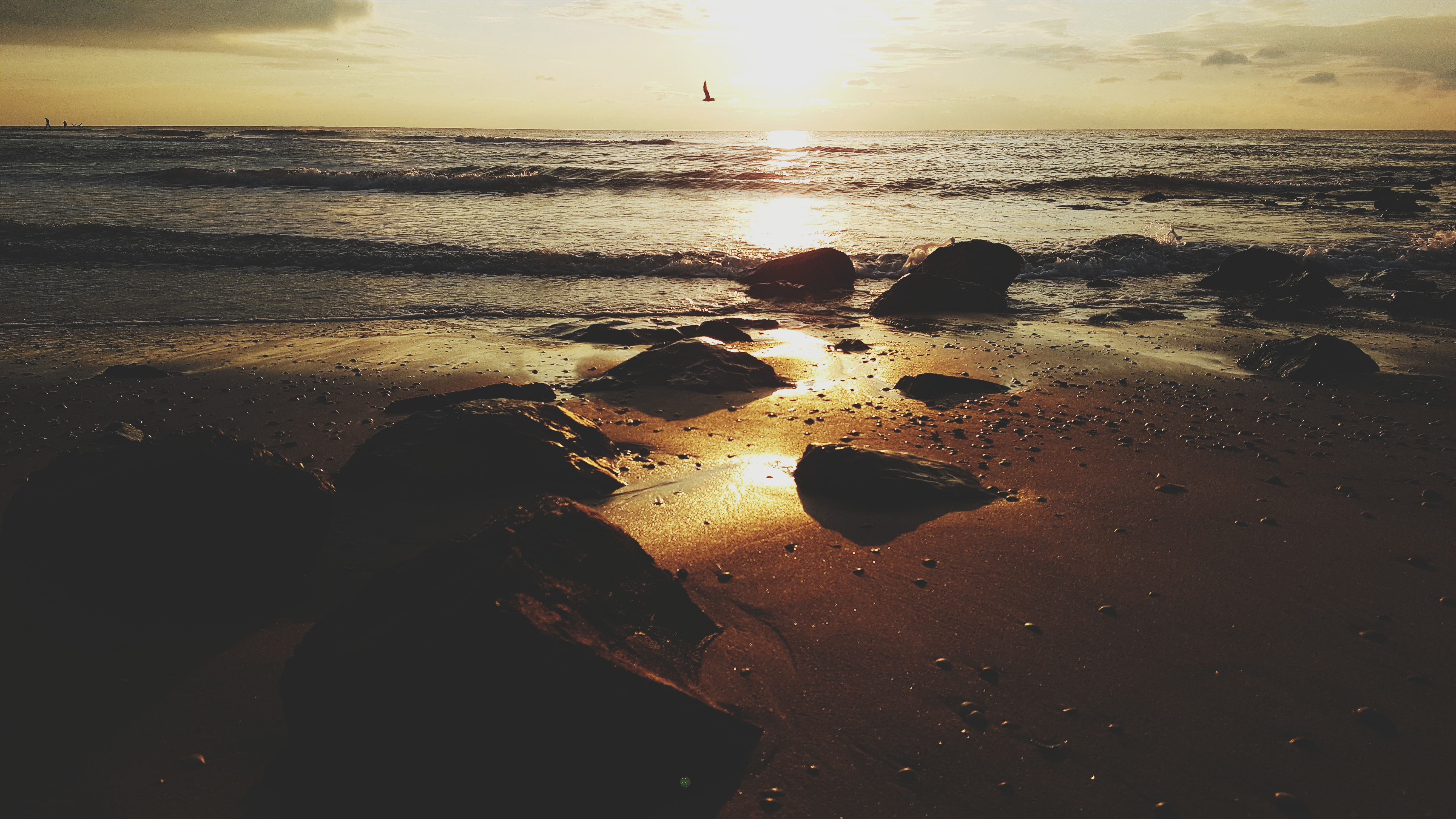 nature, horizon, horizon over water, 5K, no people, tranquil scene, landscape, motion, sand, rock, beach, sunset, water, tranquility, sea, sky, wave, cloud - sky, HD Wallpaper