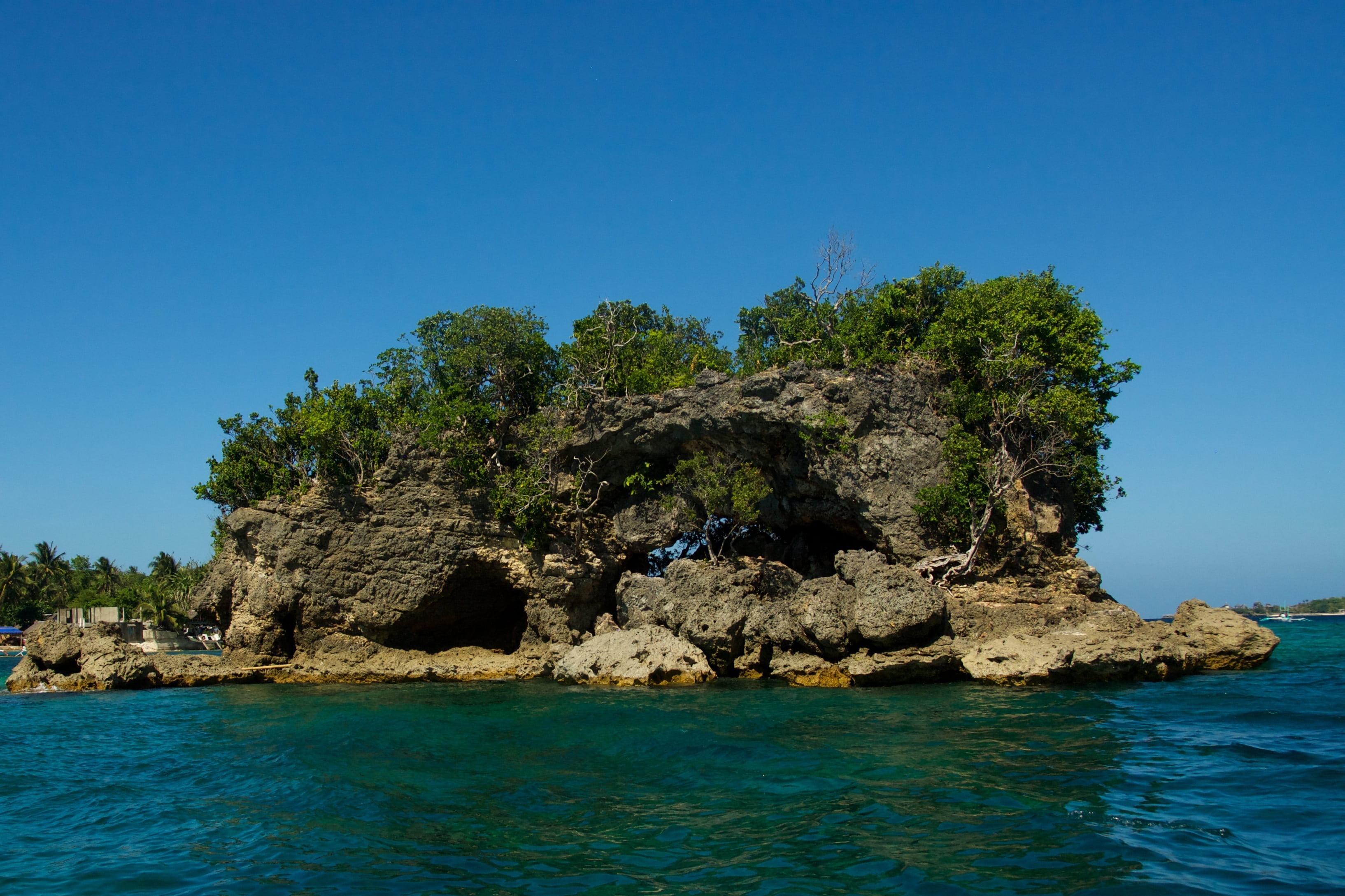 outdoors, coast, bay, rock, land, amazing, beauty in nature, 2K, tree, water, sky, no people, philippines, island, clear sky, coconut tree, plant, beach, HD Wallpaper