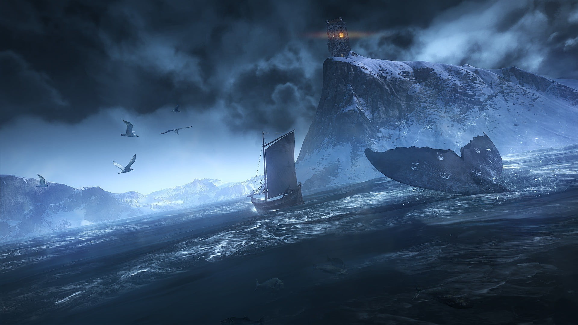 storm, water, mountain, 1080P, The Witcher 3: Wild Hunt, animal, sky, abstract, beauty in nature, winter, black, nature, painting, sea, group of animals, HD Wallpaper