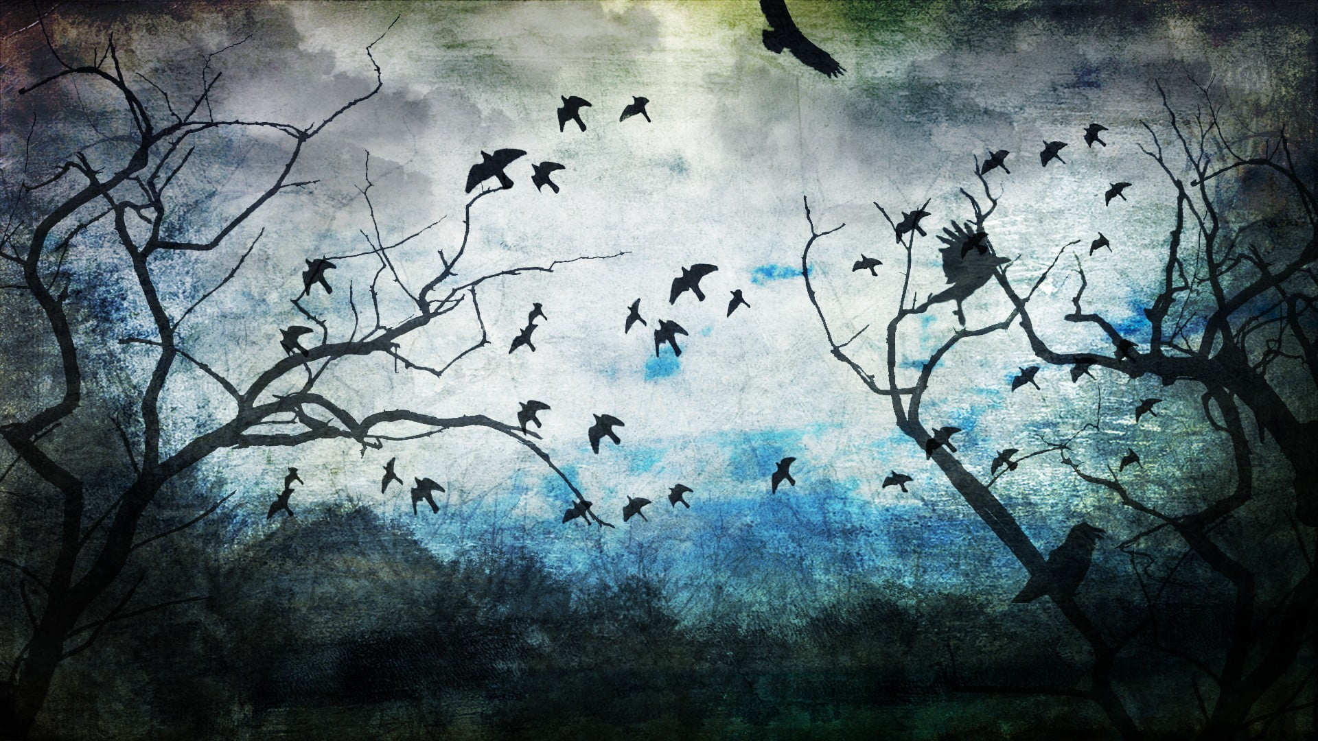 outdoors, drawing, painting, trees, abstract, nature, animal, large group of animals, tree, 1080P, digital art, blue, white, day, vertebrate, branch, animal themes, HD Wallpaper