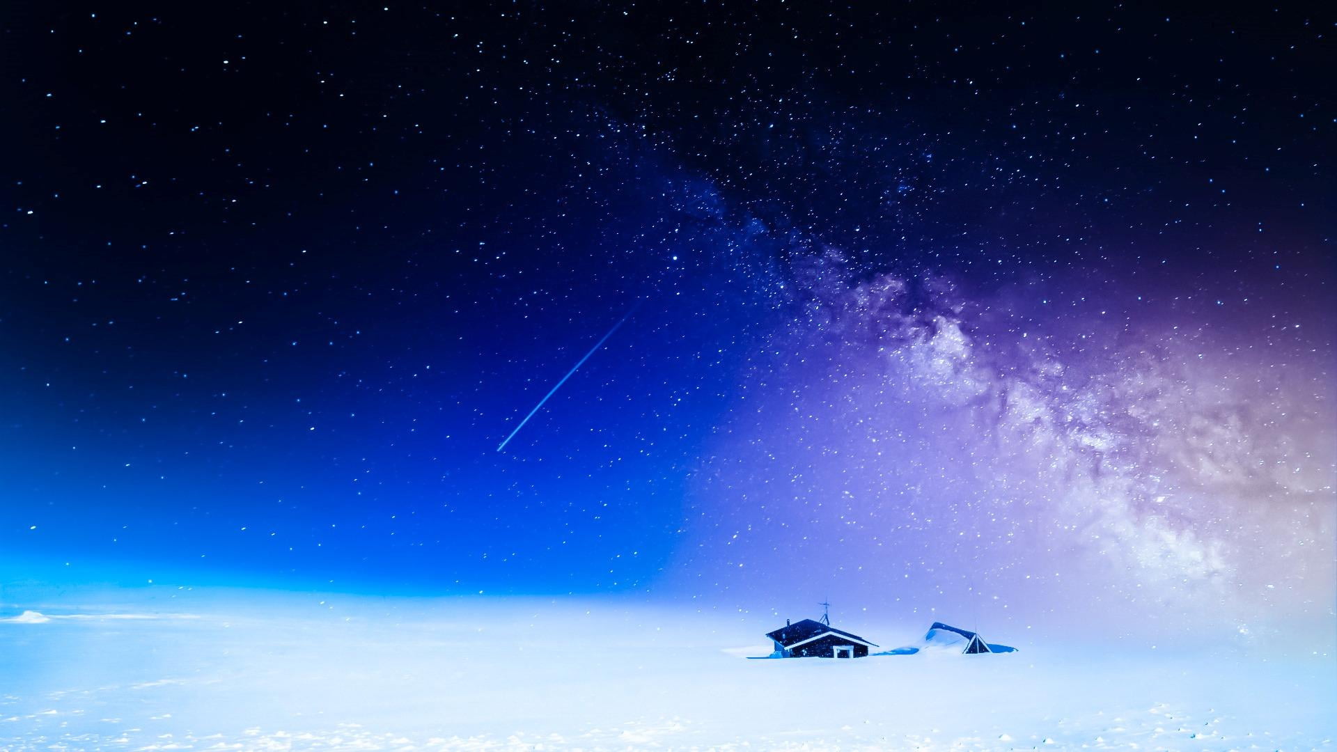 horizon, milky way, one person, space, illuminated, shooting star, house, stars, arctic, nature, 1080P, astronomy, environment, phenomenon, scenics - nature, HD Wallpaper