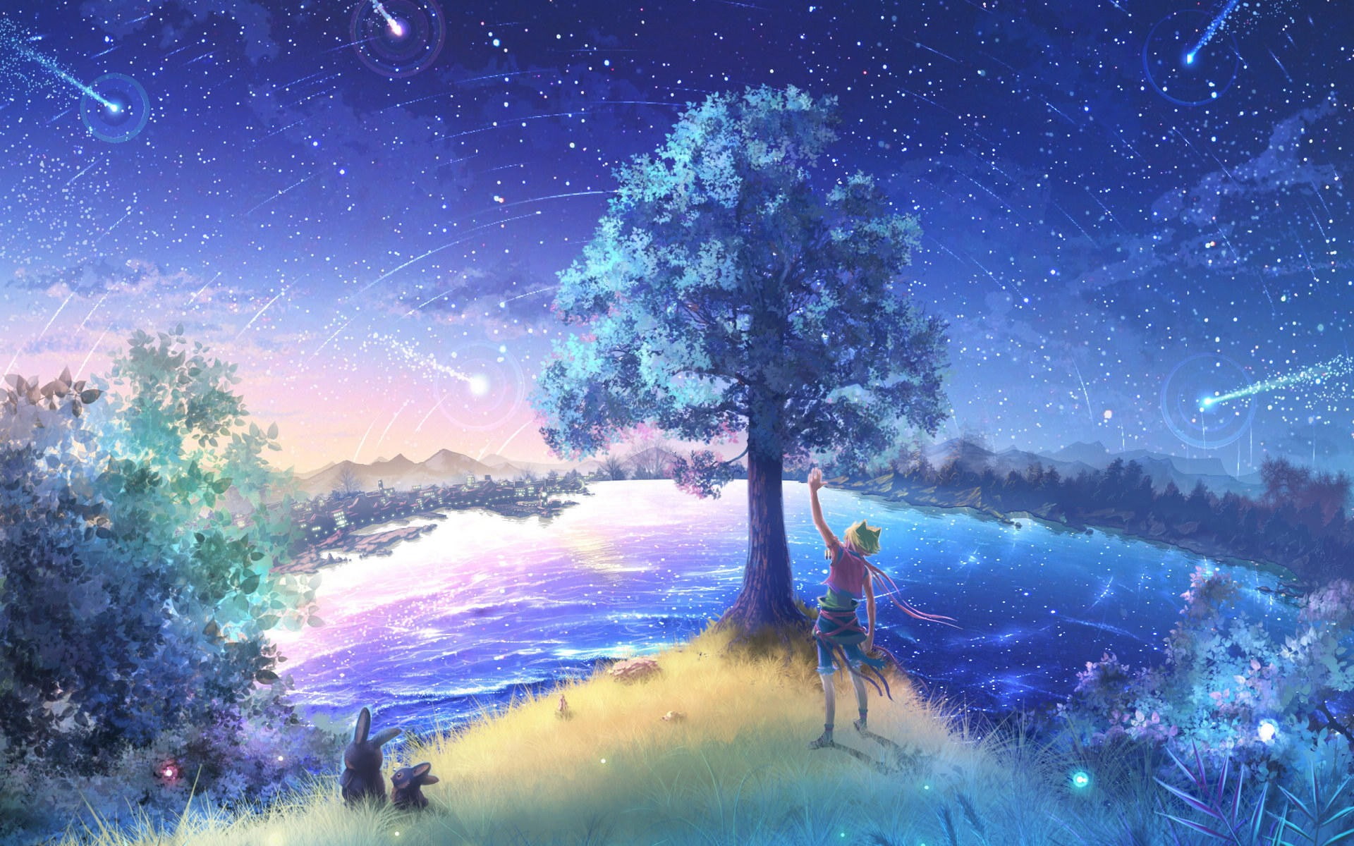 animals, animal ears, rabbits, trees, anime girls, shooting stars, stars, space art, sky, 1080P, HD Wallpaper