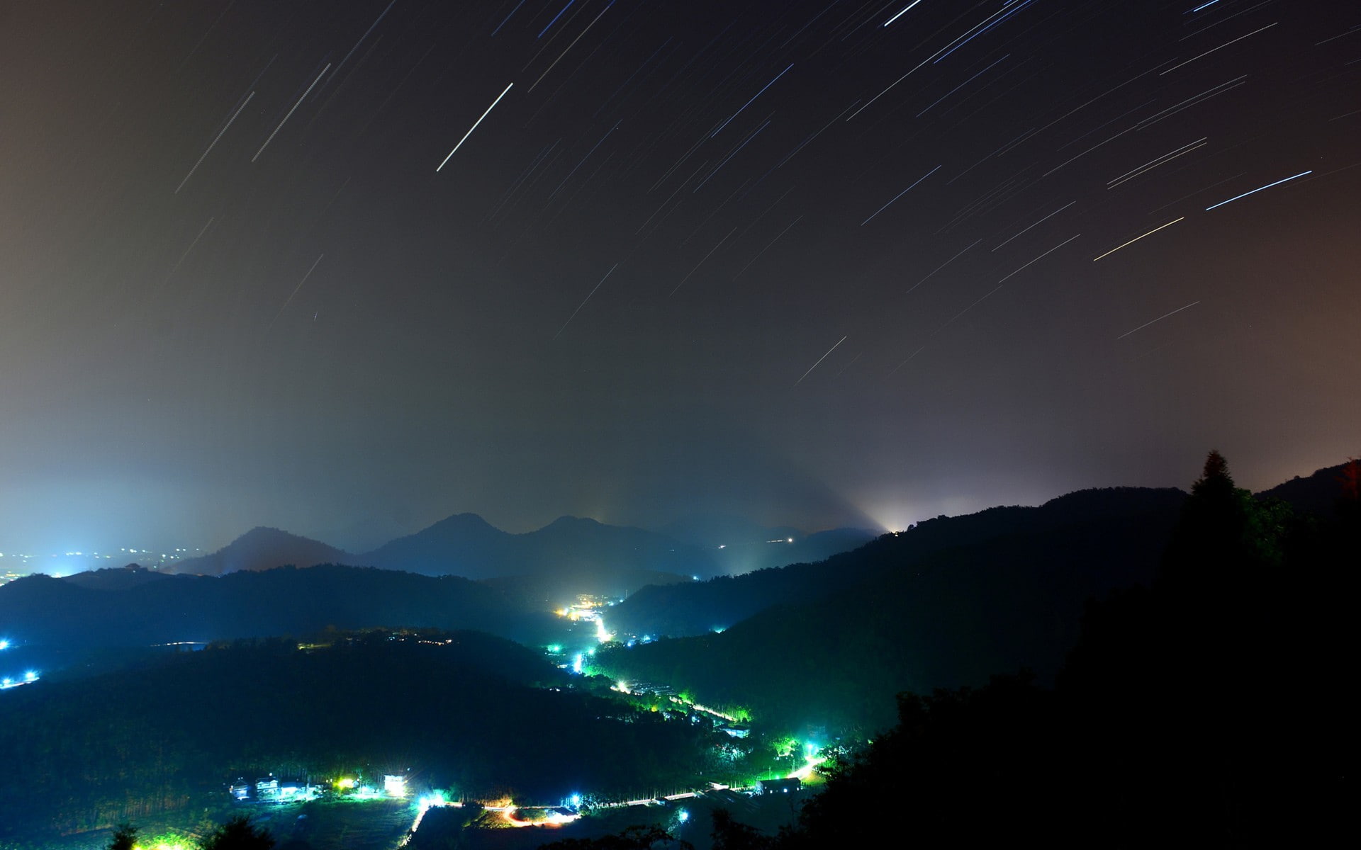 1080P, hills, cityscape, stars, shooting stars, valley, blue, star trails, lights, green, HD Wallpaper