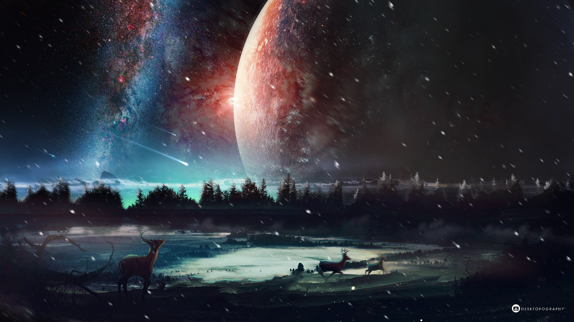 digital art, 1080P, shooting stars, deer, planet, space, HD Wallpaper