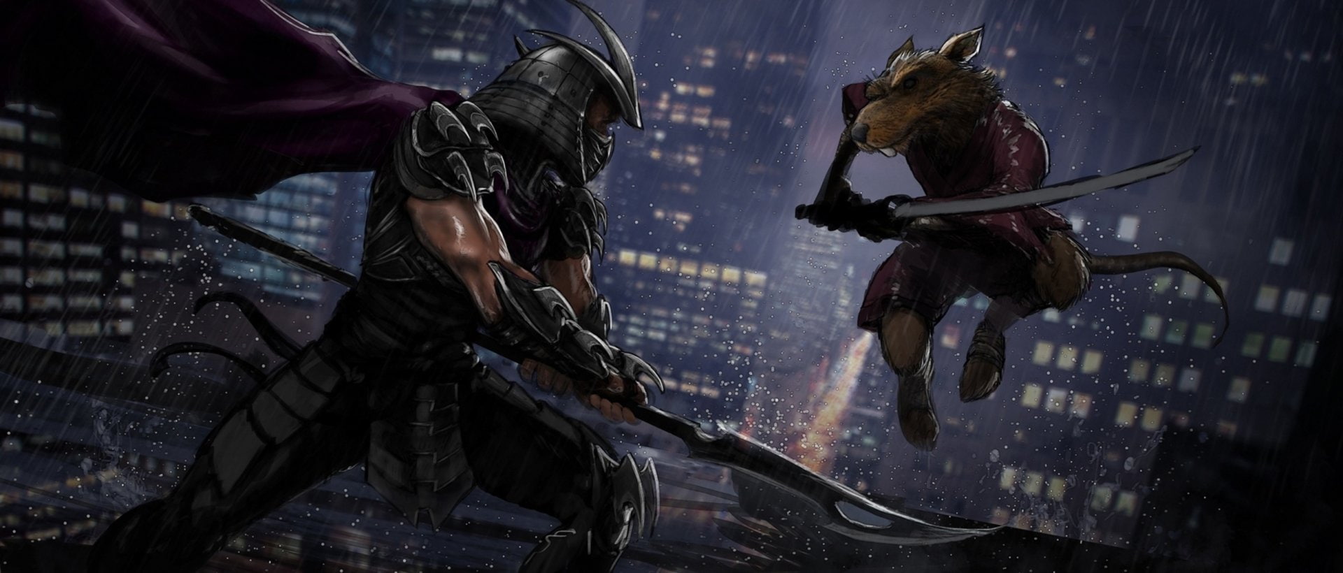 TMNT, Rain, Rat, Warrior, 1080P, Battle, Shredder (TMNT), Comics, Sword, Splinter (TMNT), Night, City, HD Wallpaper