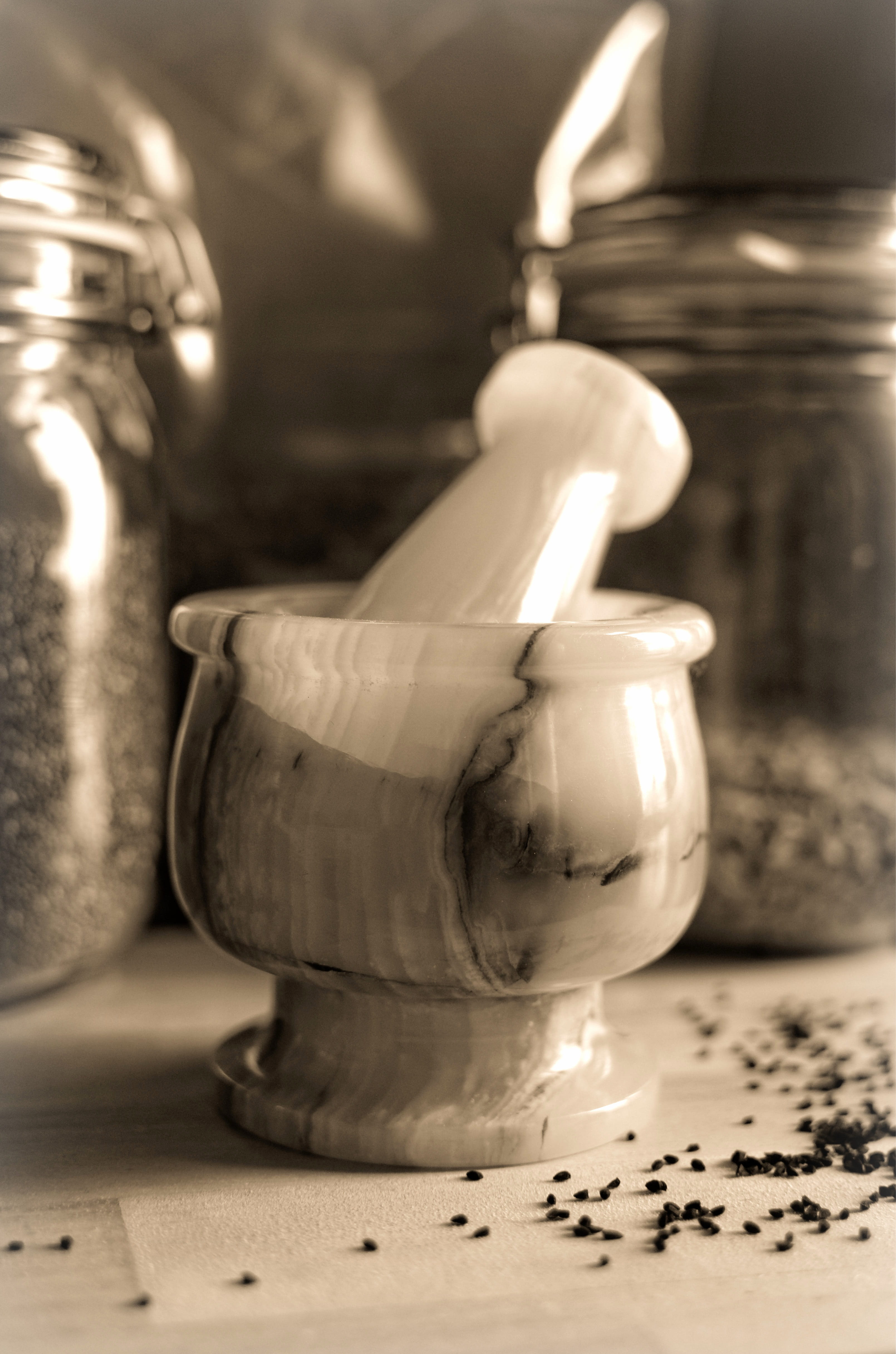 food and drink, spices, lighting equipment, mortar, healthcare and medicine, herbalism, still life, table, selective focus, indoors, wood - material, transparent, Phone HD Wallpaper