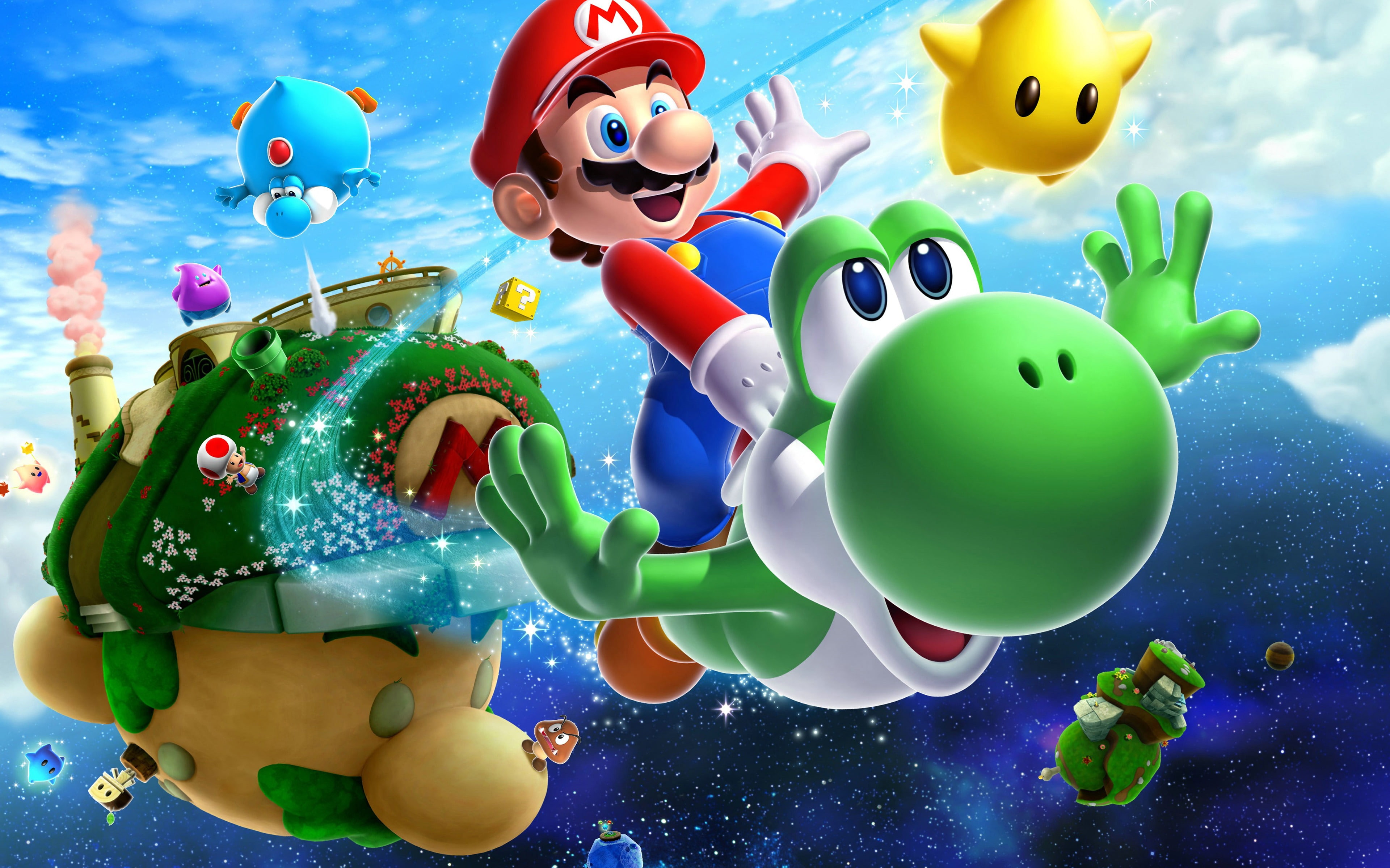 rubber duck, galaxy, balloon, celebration, high angle view, art and craft, mario, human representation, game, male likeness, poster, super, close-up, indoors, HD Wallpaper